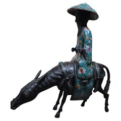 19th Century Chinese Cloisonné and Bronze Sculpture of a Peasant on a Donkey