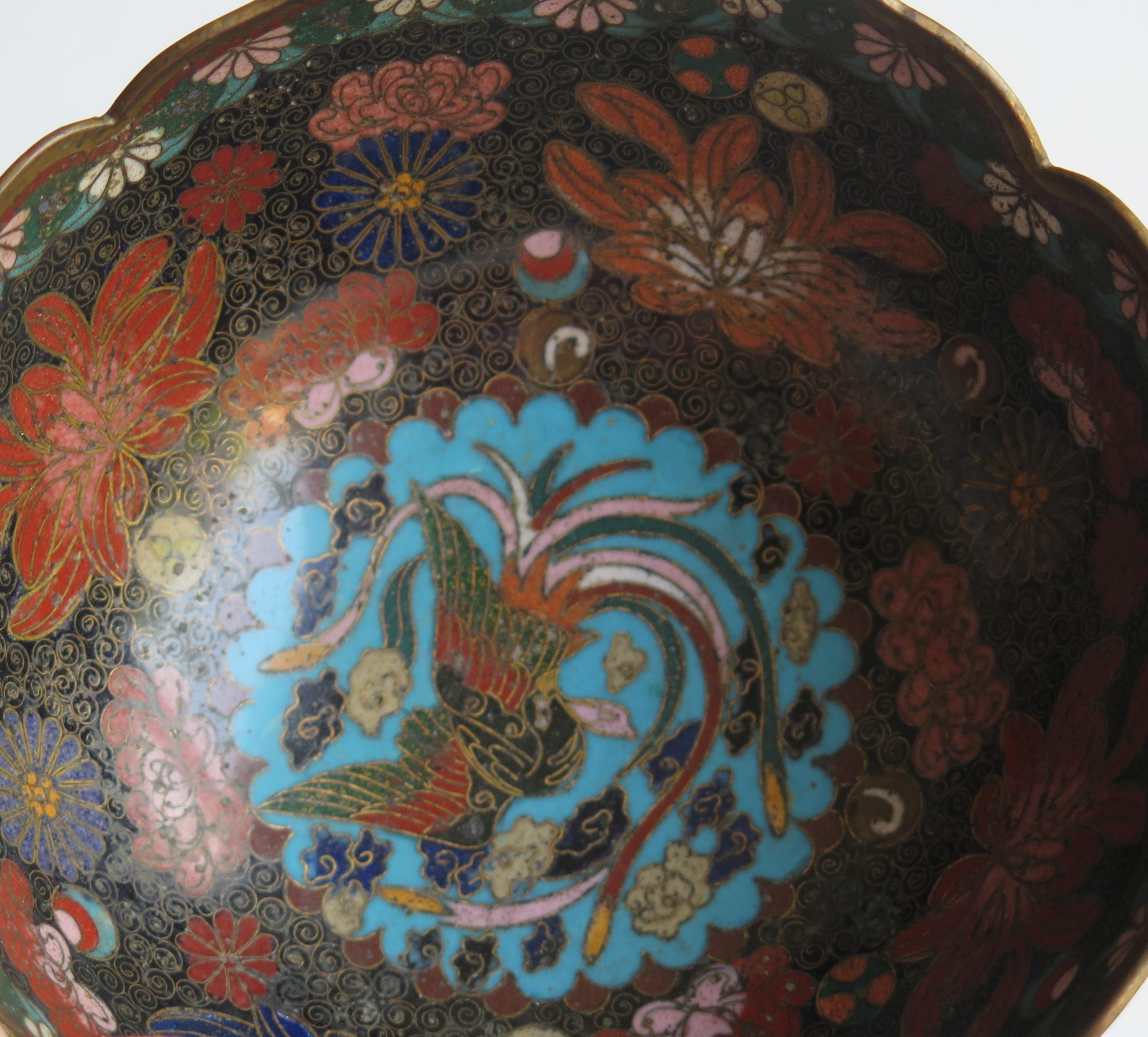 19th Century Chinese Cloisonné Bronze Bowl Phoenix & Symbols Fine Detail 4