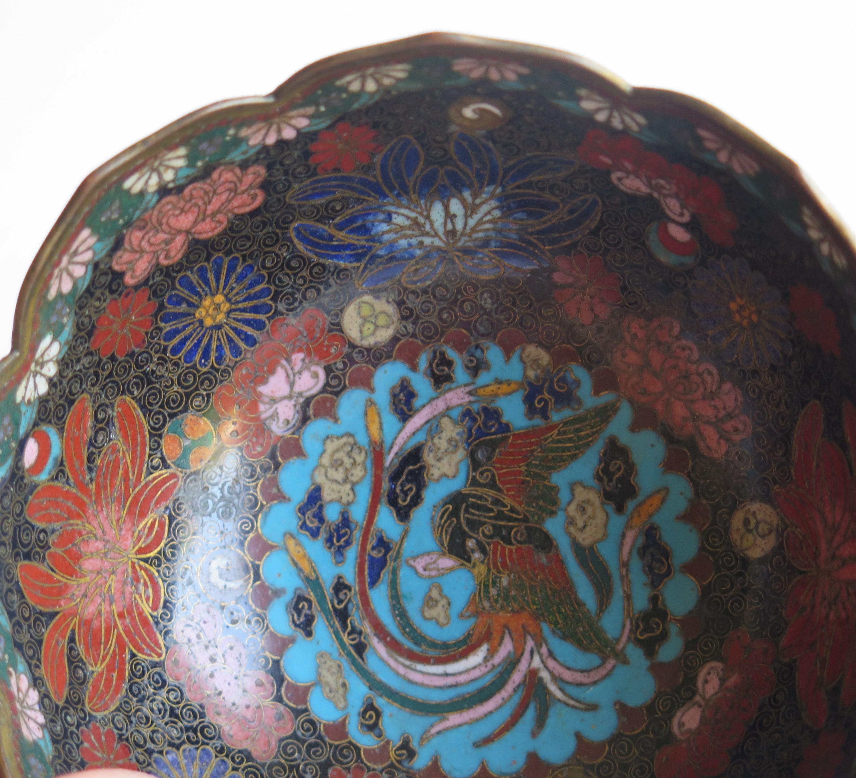 19th Century Chinese Cloisonné Bronze Bowl Phoenix & Symbols Fine Detail 5