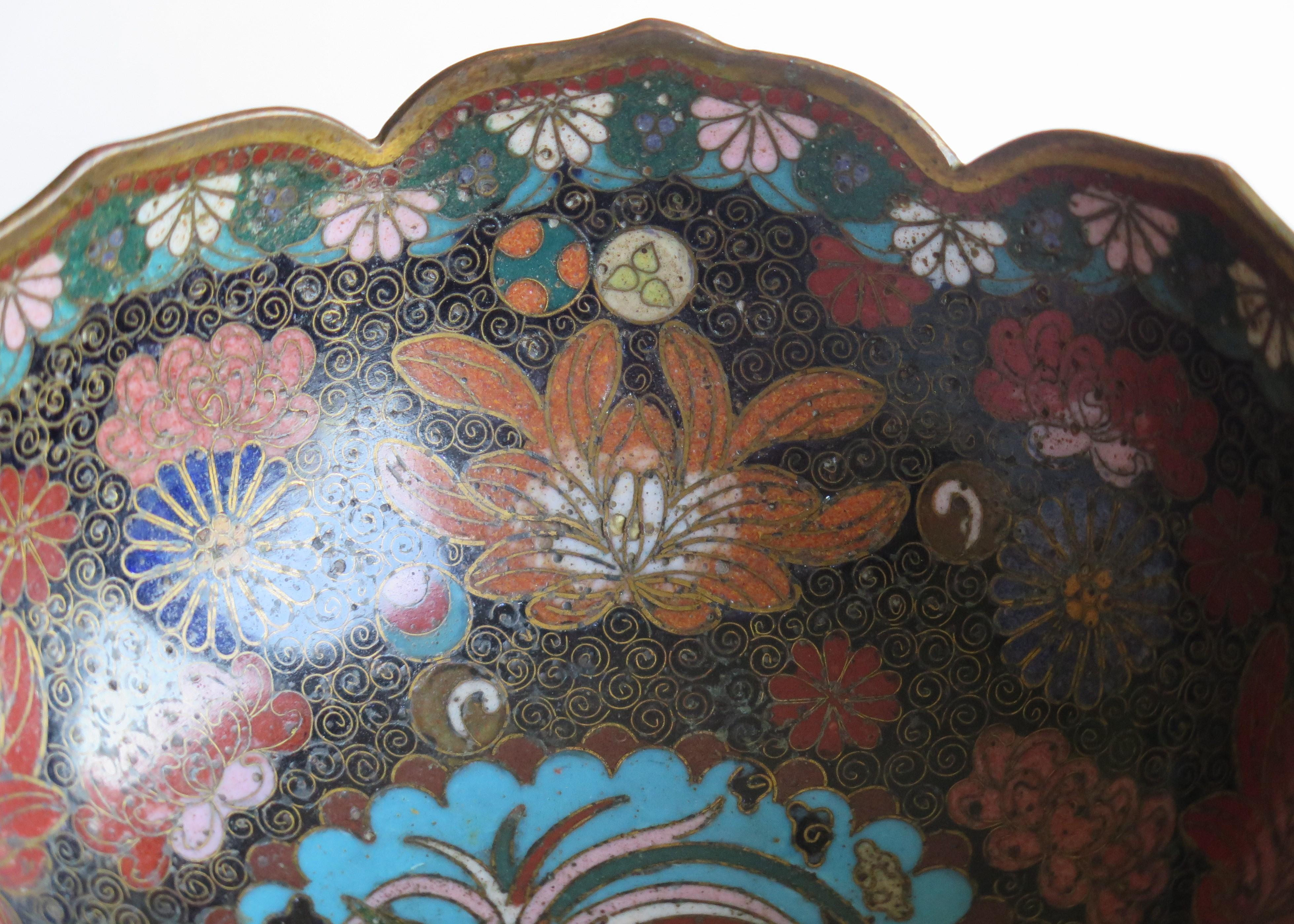 19th Century Chinese Cloisonné Bronze Bowl Phoenix & Symbols Fine Detail 6