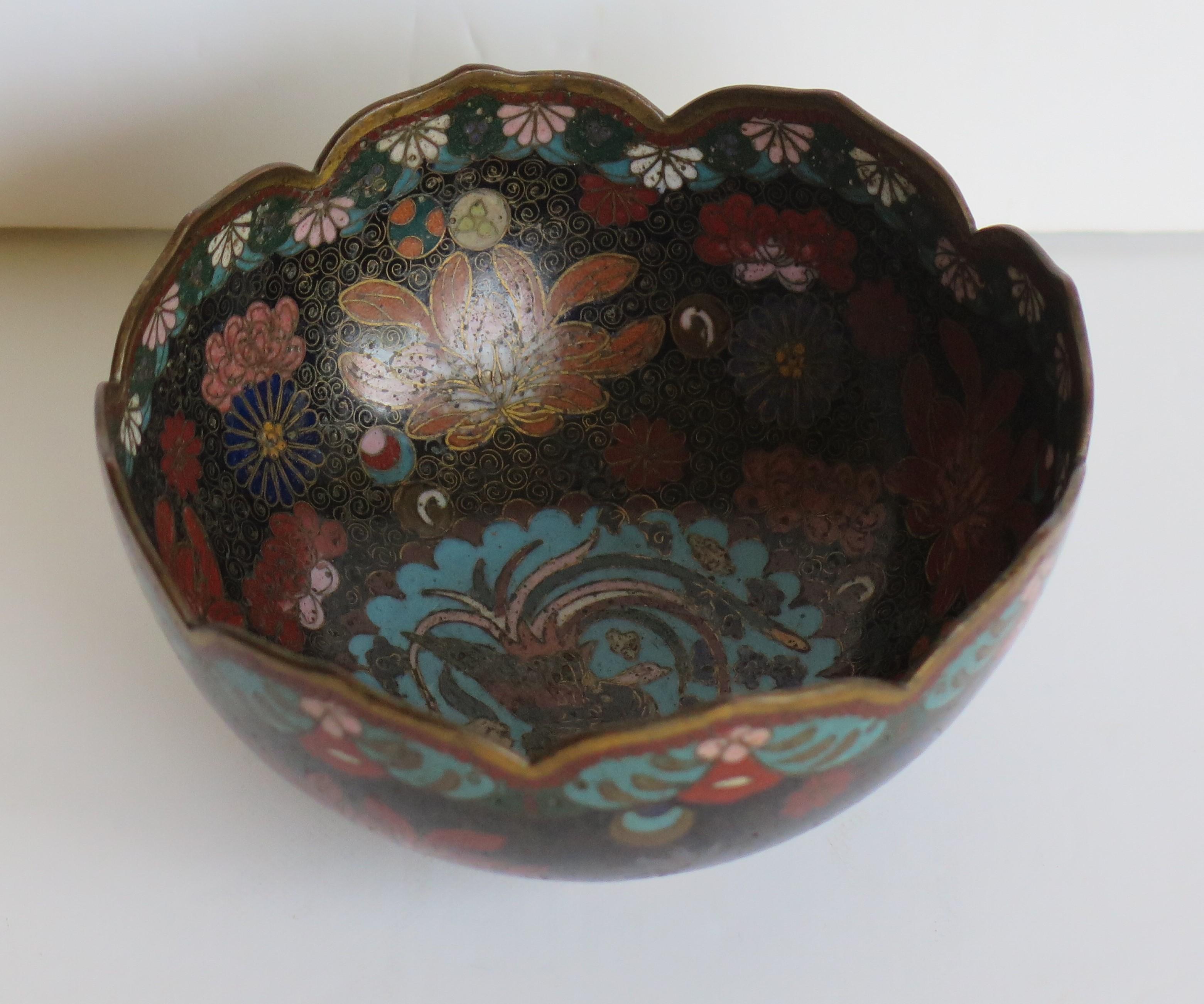 This is a very good Chinese Cloisonné bronze bowl that we date to the early/mid-19th century of the Qing dynasty.

The bowl has a wavy lappet shaped rim and sits on a low foot.

It is finely decorated inside and outside. The inside base has a