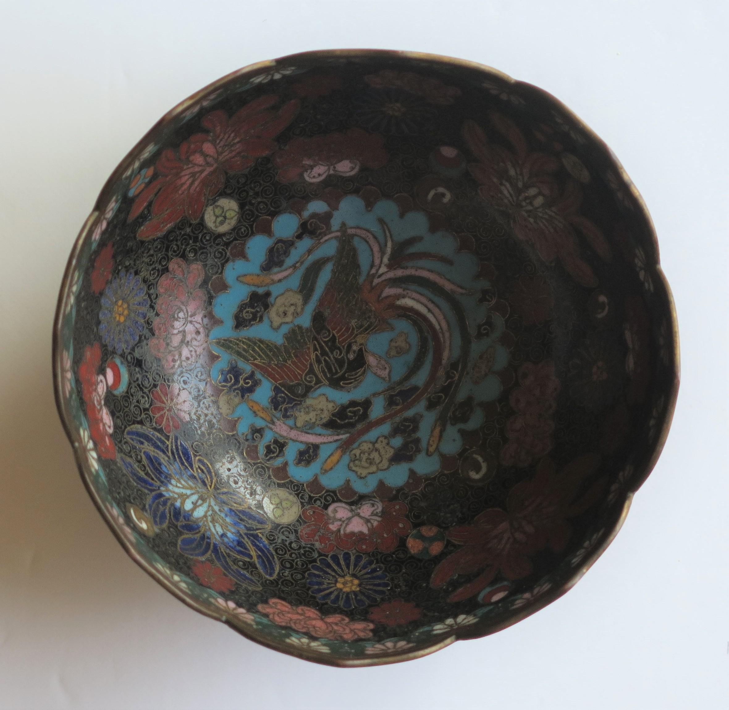 Qing 19th Century Chinese Cloisonné Bronze Bowl Phoenix & Symbols Fine Detail
