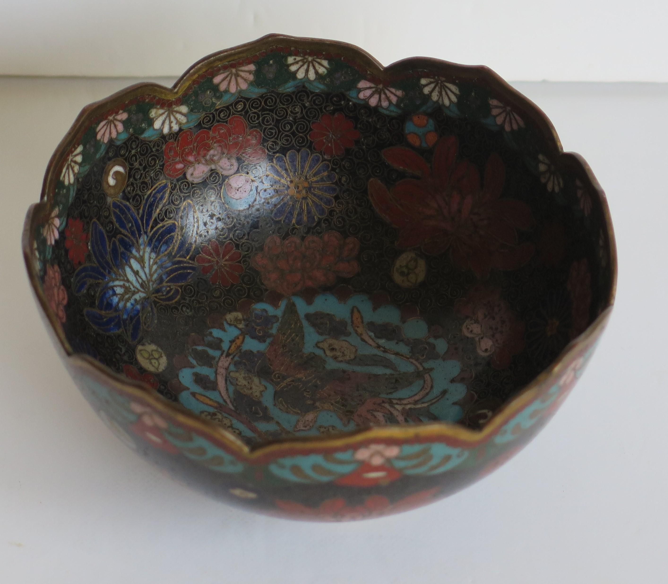 19th Century Chinese Cloisonné Bronze Bowl Phoenix & Symbols Fine Detail 1