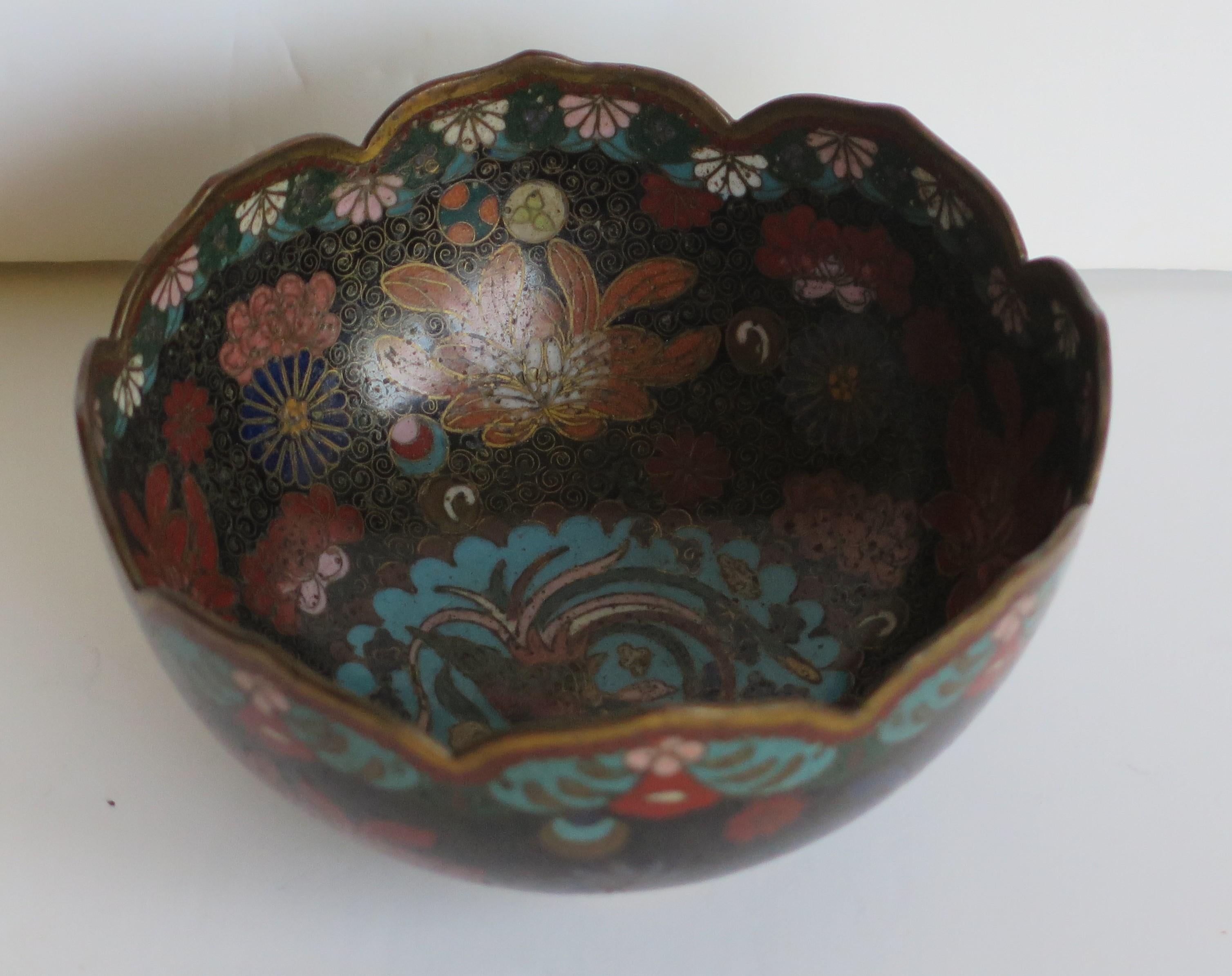 19th Century Chinese Cloisonné Bronze Bowl Phoenix & Symbols Fine Detail 2