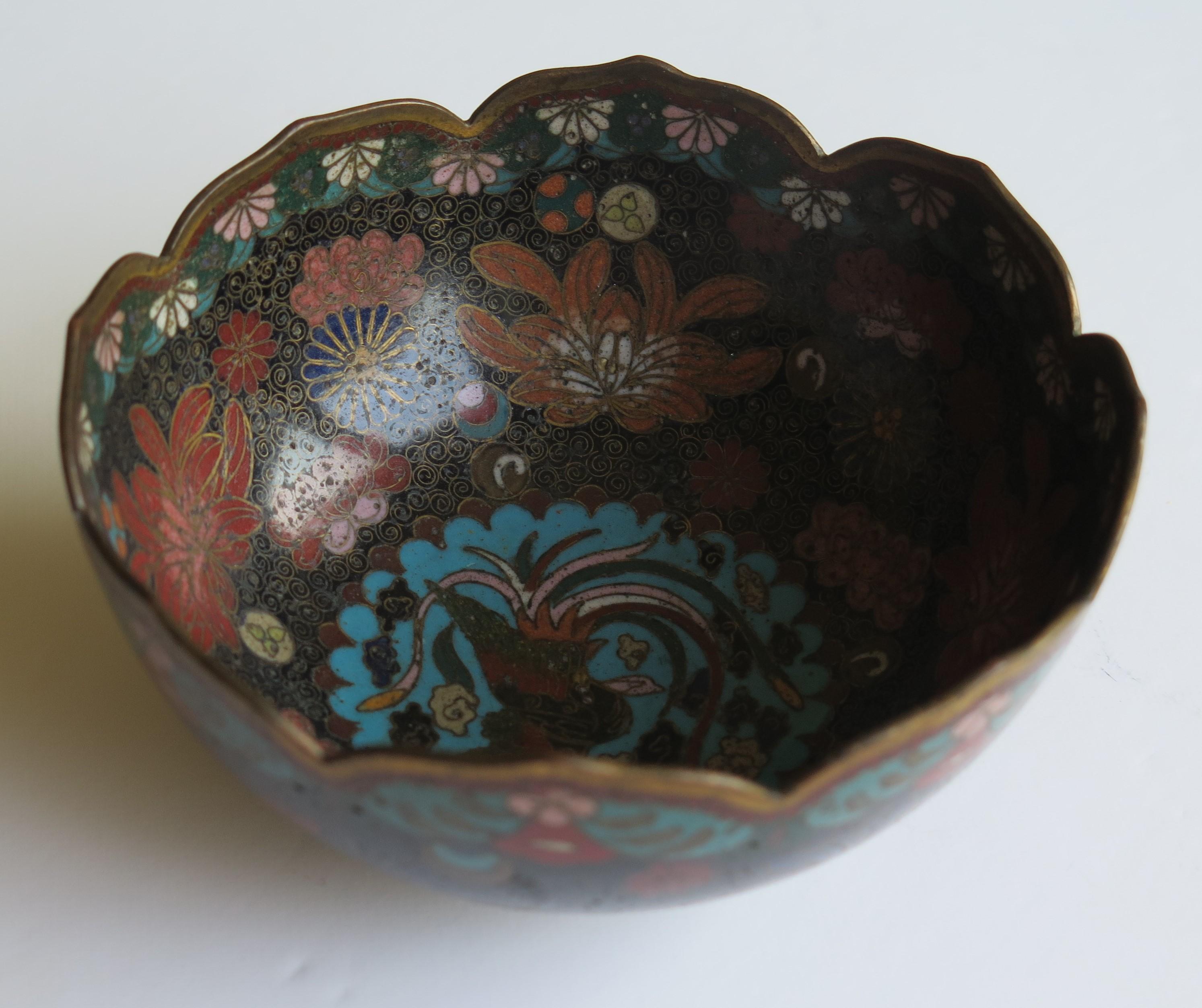 19th Century Chinese Cloisonné Bronze Bowl Phoenix & Symbols Fine Detail 3