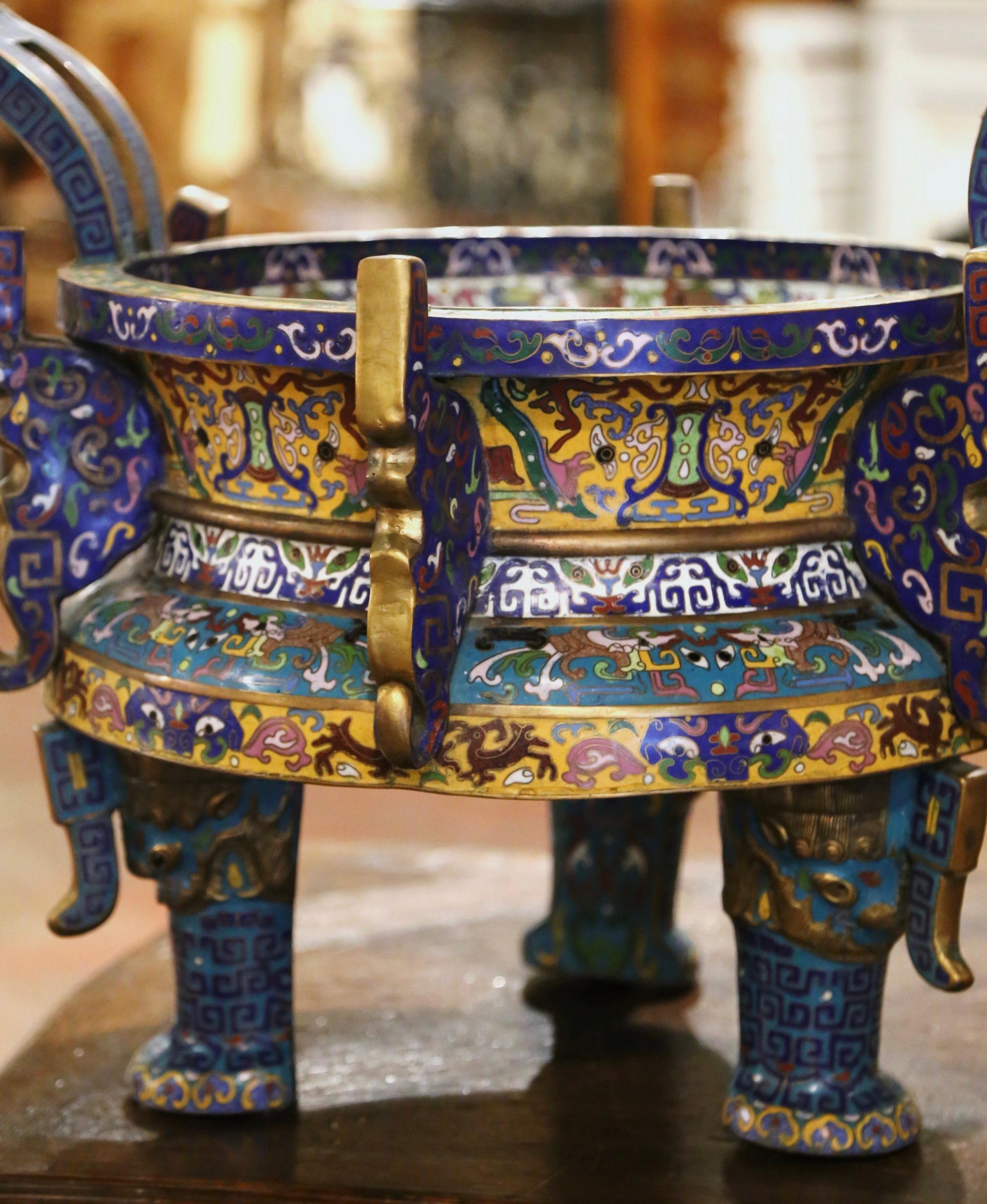 19th Century Chinese Cloisonne Enamel and Brass Planter Cache Pot 6