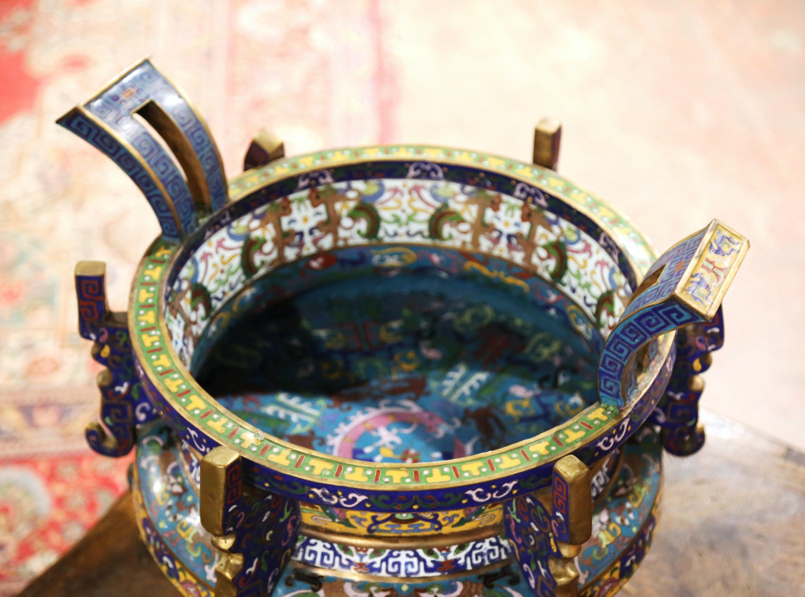 19th Century Chinese Cloisonne Enamel and Brass Planter Cache Pot 7