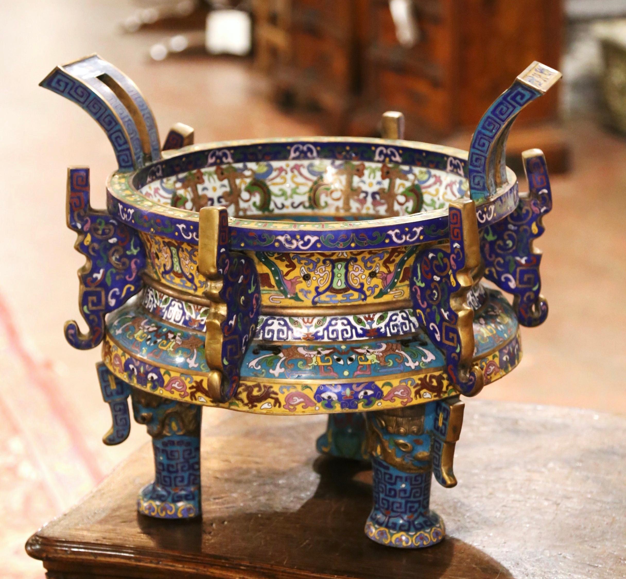 19th Century Chinese Cloisonne Enamel and Brass Planter Cache Pot In Excellent Condition In Dallas, TX
