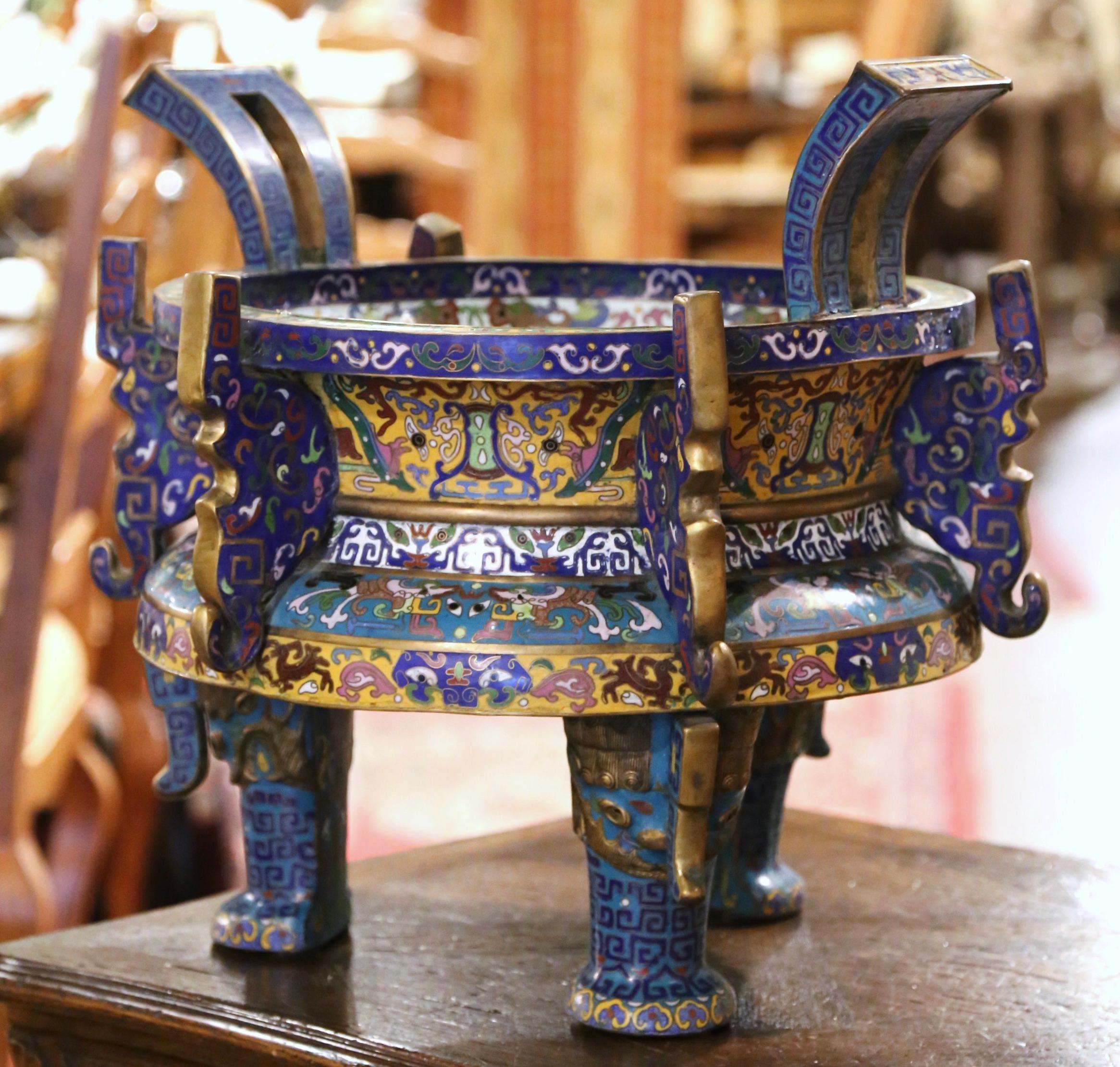 19th Century Chinese Cloisonne Enamel and Brass Planter Cache Pot 1