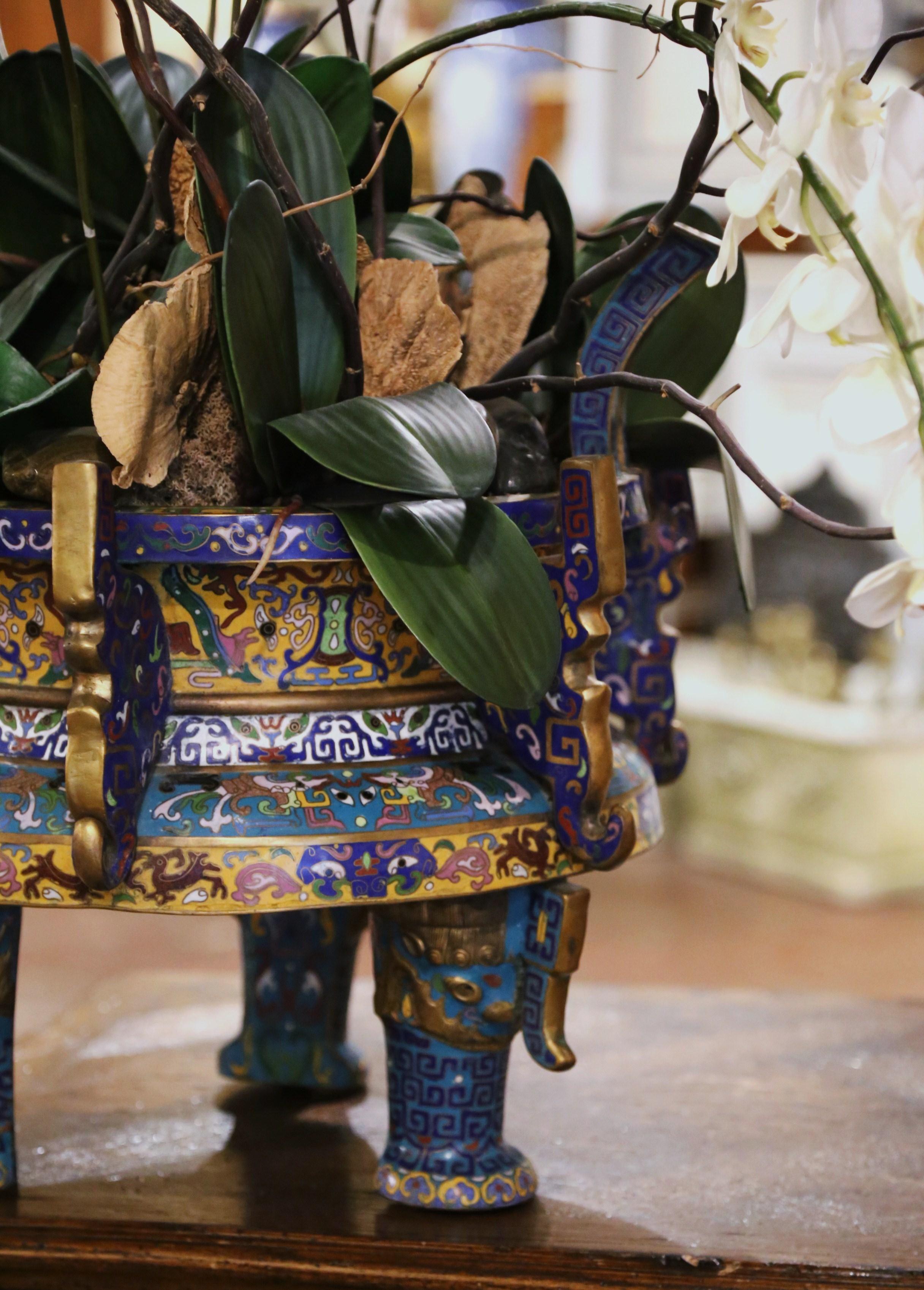 19th Century Chinese Cloisonne Enamel and Brass Planter Cache Pot 3