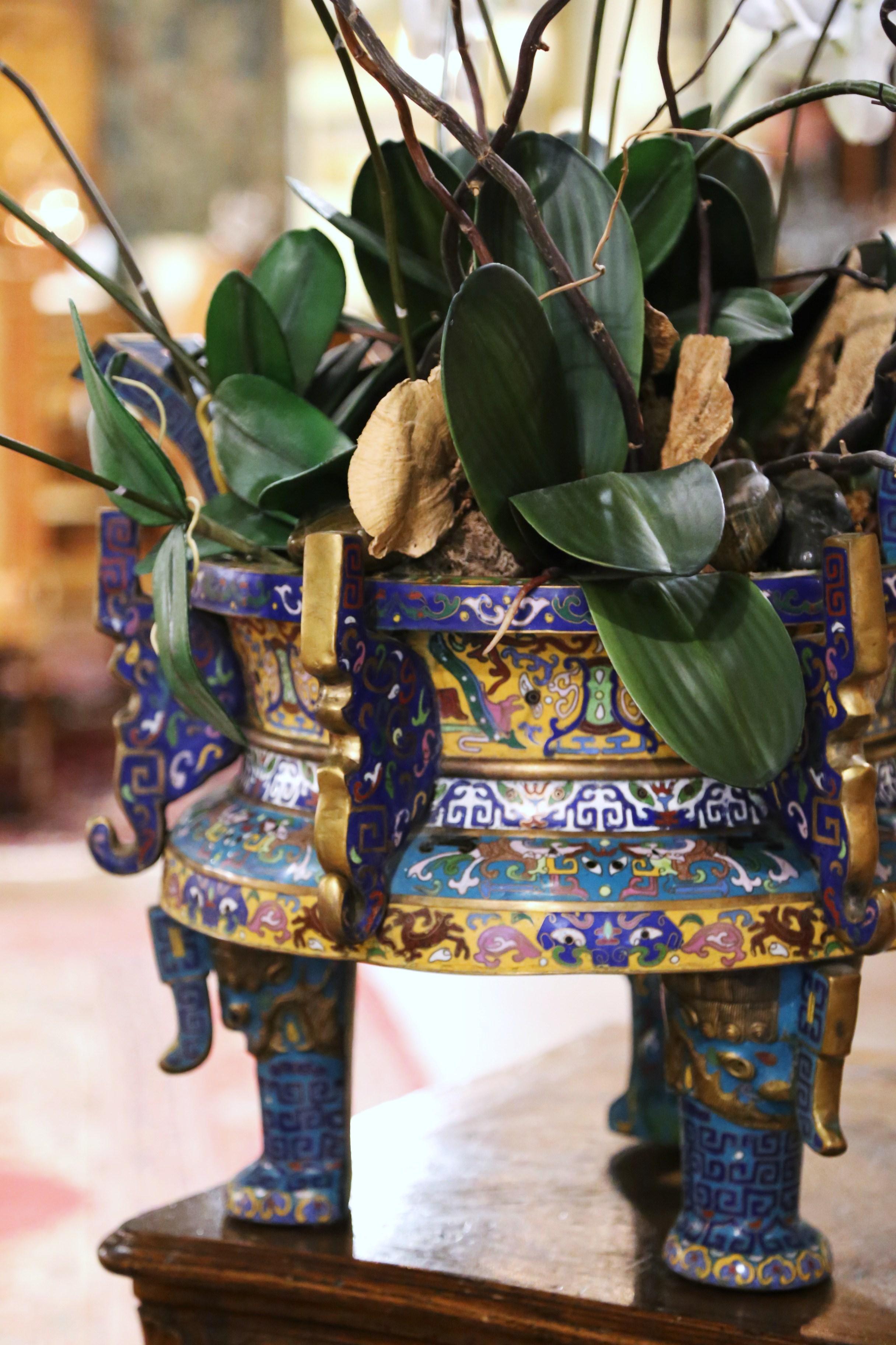 19th Century Chinese Cloisonne Enamel and Brass Planter Cache Pot 4
