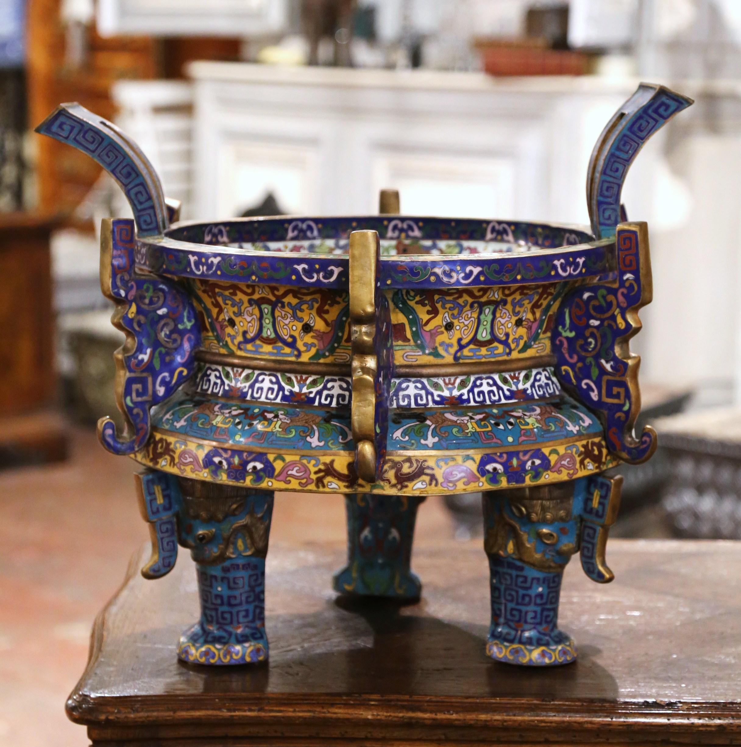 19th Century Chinese Cloisonne Enamel and Brass Planter Cache Pot 5