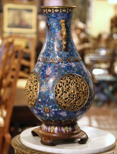 19th Century Chinese Cloisonne Enamel Reticulated Vase on Stand