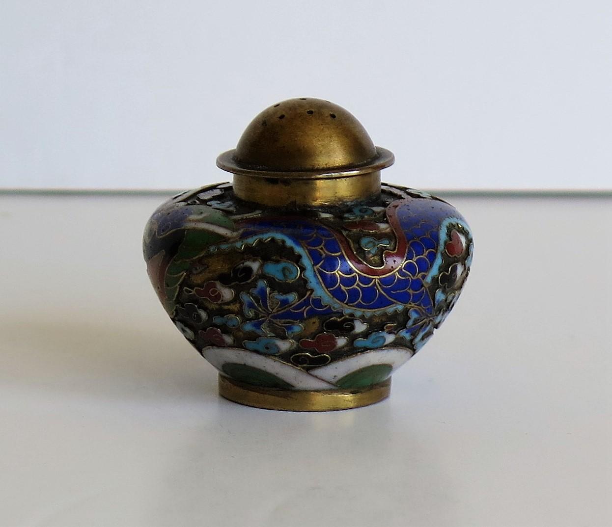 This is a well made very decorative small cloisonné pepper pot, made in China and dating to the mid-19th century.

The pot has a good vase shape on a low foot with a brass/bronze screw top. It has been very well handmade of a brass or bronze alloy