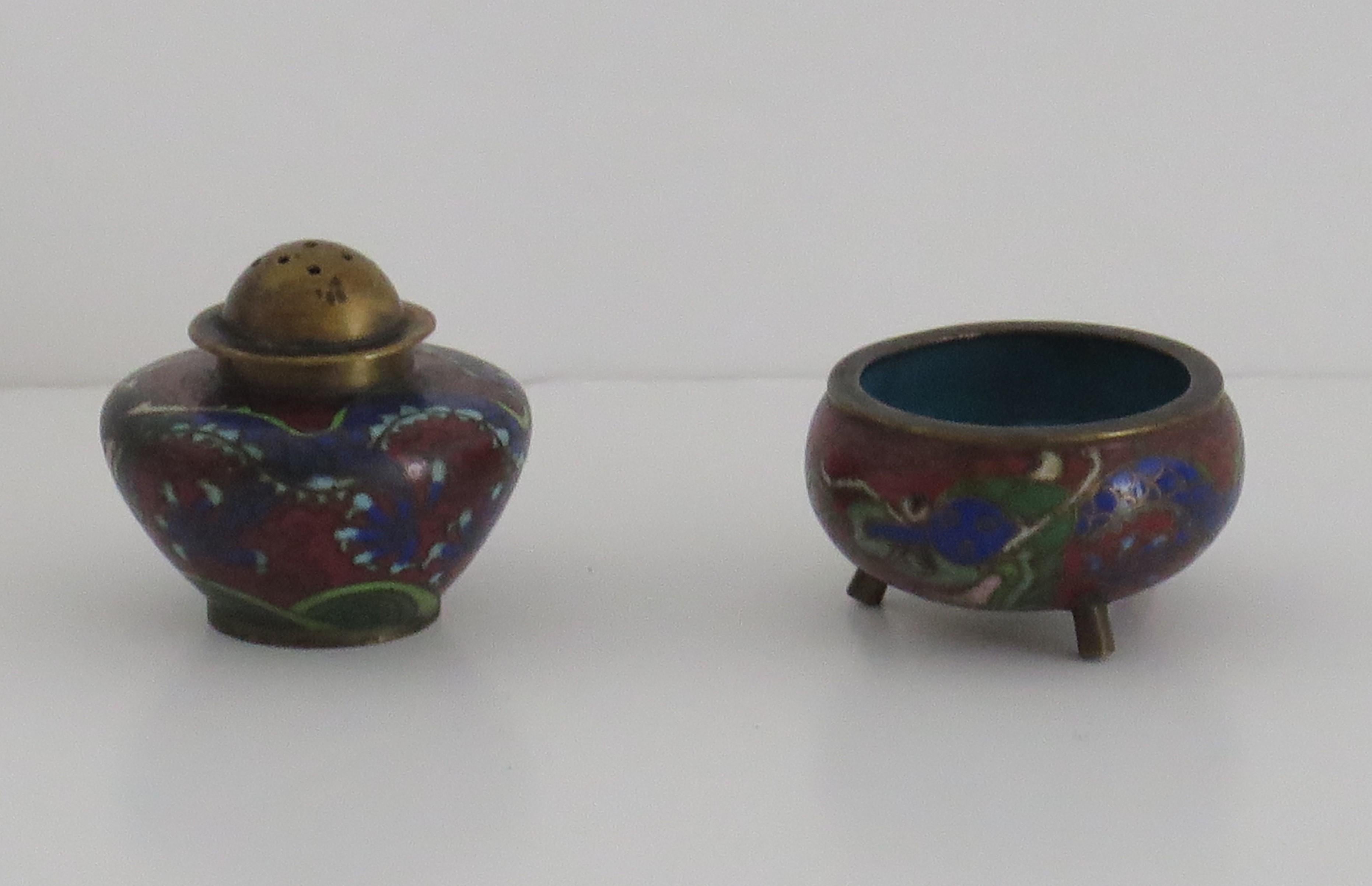 Cloissoné 19th Century Chinese Cloisonné Salt and Pepper Pot with Dragon Decoration, Qing For Sale