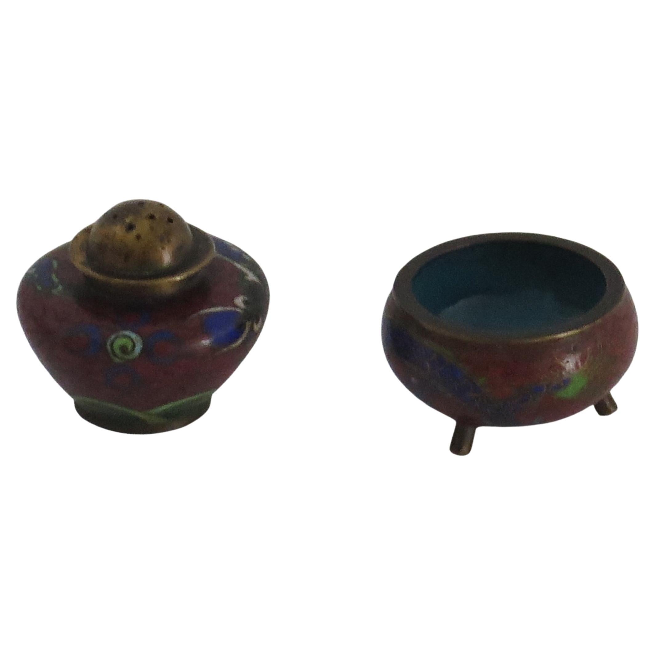 These are a well made very decorative small cloisonné salt and pepper pot, made in China and dating to the mid-19th century.

Both pieces are matching and well made from a brass / bronze metal alloy. 

The pot has a good vase shape on a low foot