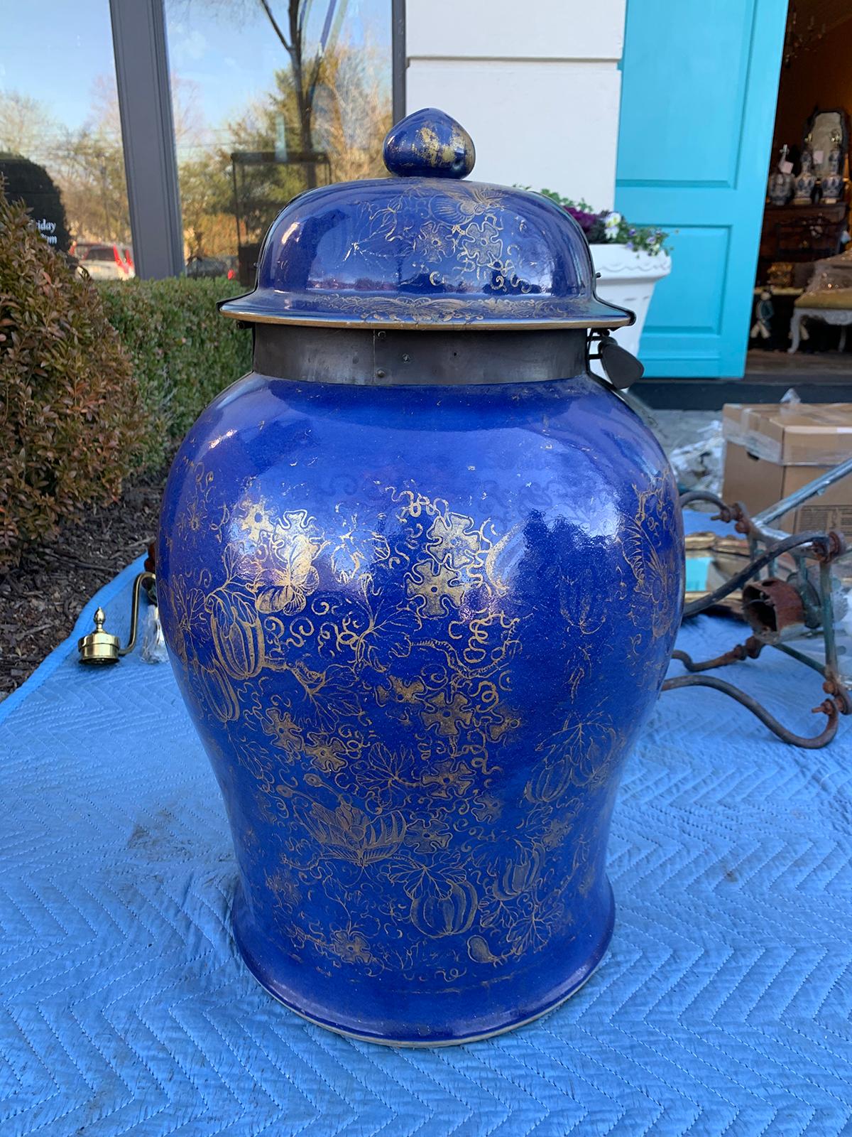 19th century Chinese cobalt covered porcelain jar with hinged lid.