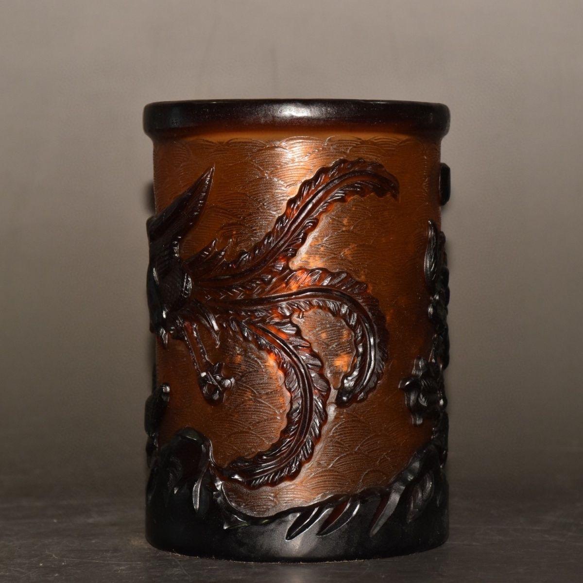20th Century 19th Century Chinese Colored Glaze Hand Carving Birds Flowers Pen Pot For Sale