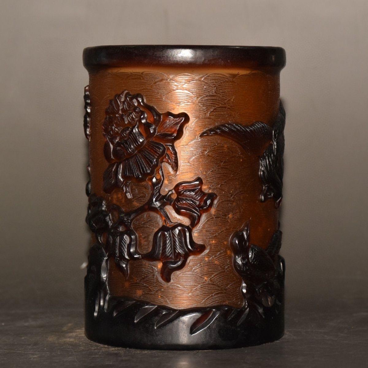 Precious Stone 19th Century Chinese Colored Glaze Hand Carving Birds Flowers Pen Pot For Sale