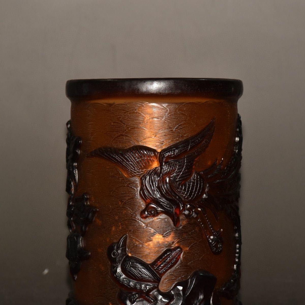 19th Century Chinese Colored Glaze Hand Carving Birds Flowers Pen Pot For Sale 2