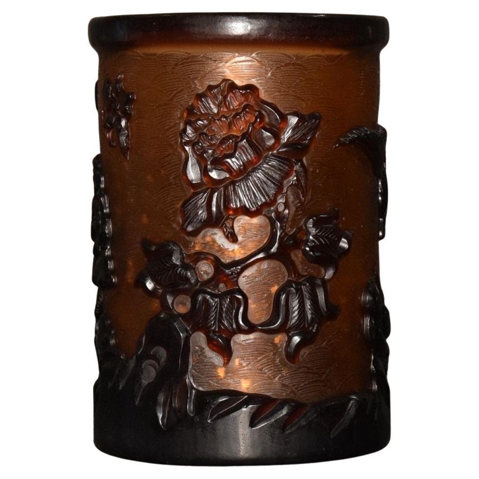 19th Century Chinese Colored Glaze Hand Carving Birds Flowers Pen Pot For Sale