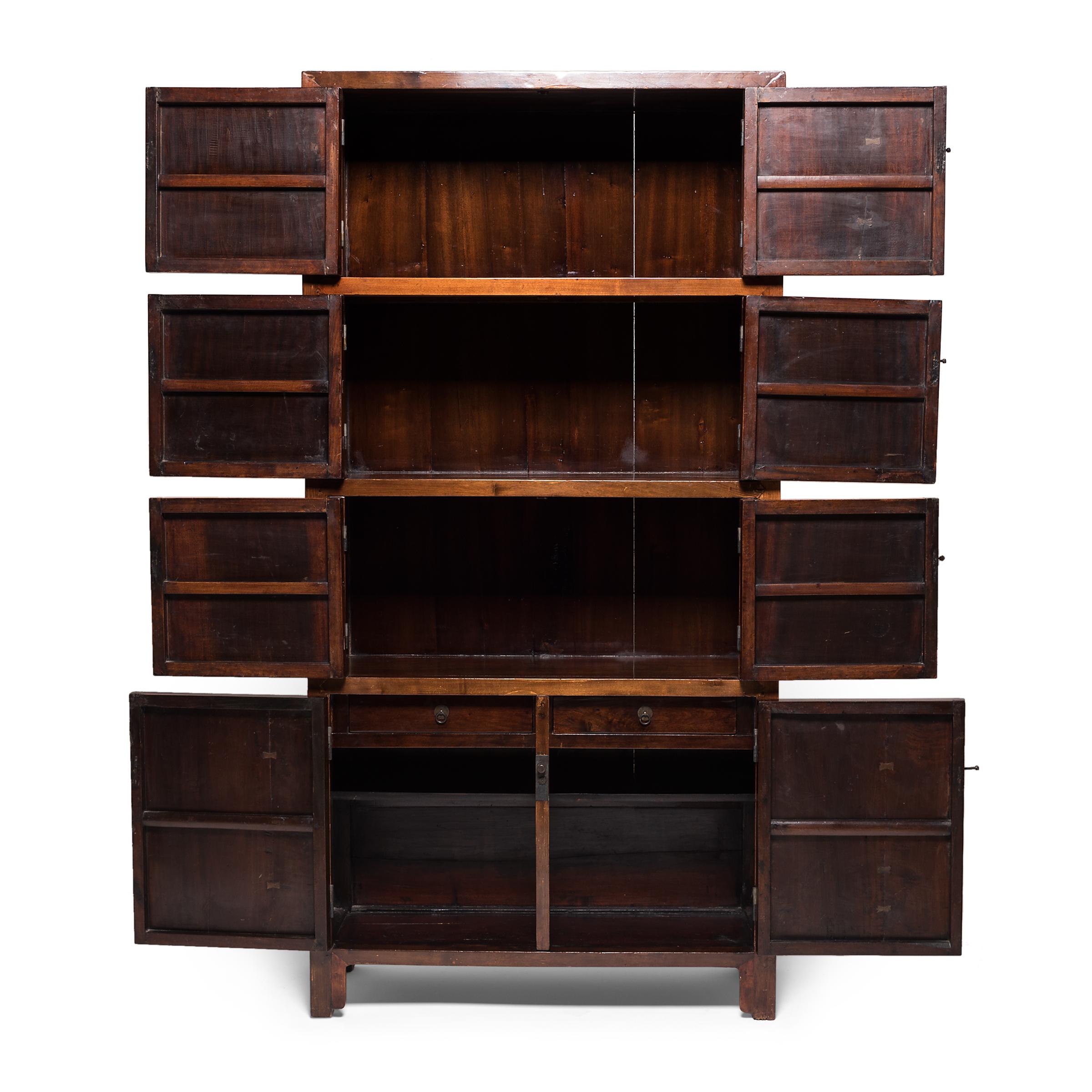 This amazingly versatile cabinet from Suzhou province allows you to easily switched from closed storage to open shelving by removing one or more of its doors. Made circa 1850, the cabinet looks much as it did when it was first built, owing to the