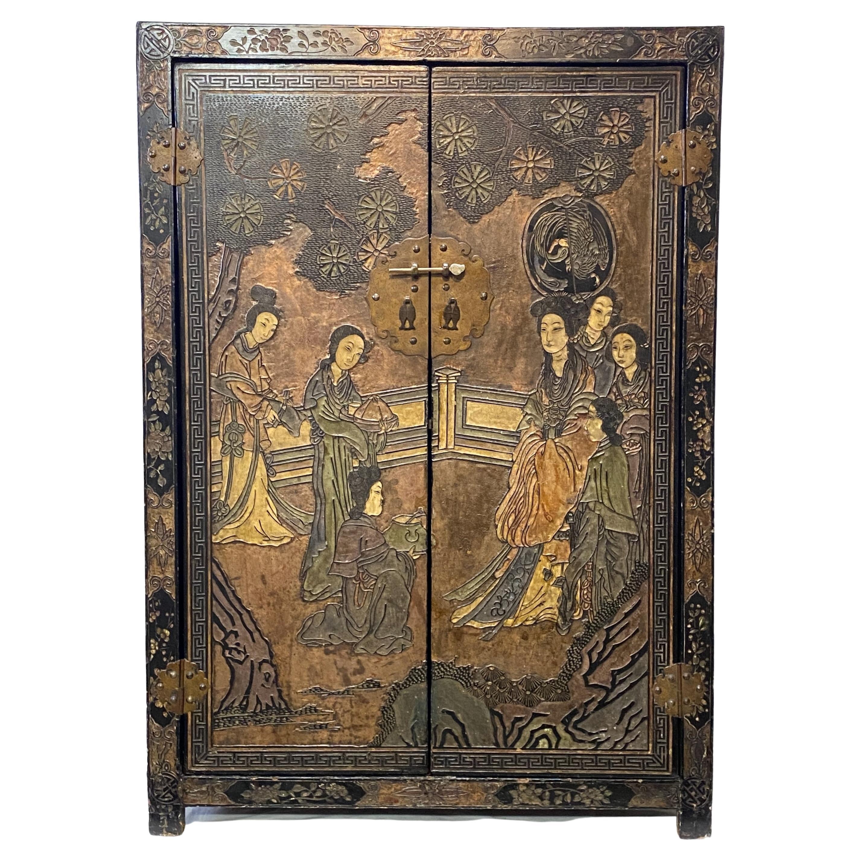 19th Century Chinese Coromandel Carved and Painted Lacquered Cabinet