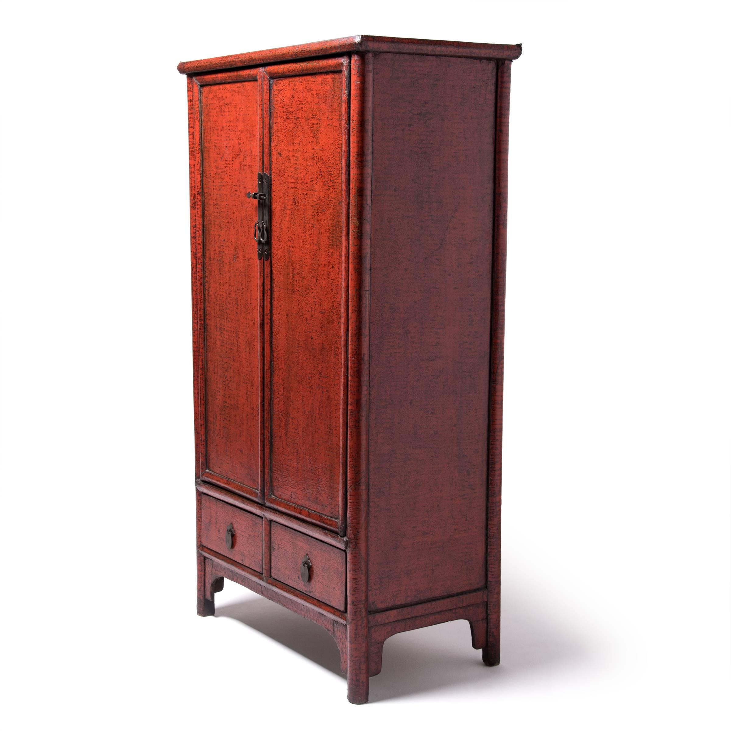 Qing 19th Century Chinese Crimson Crackle Lacquered Cabinet