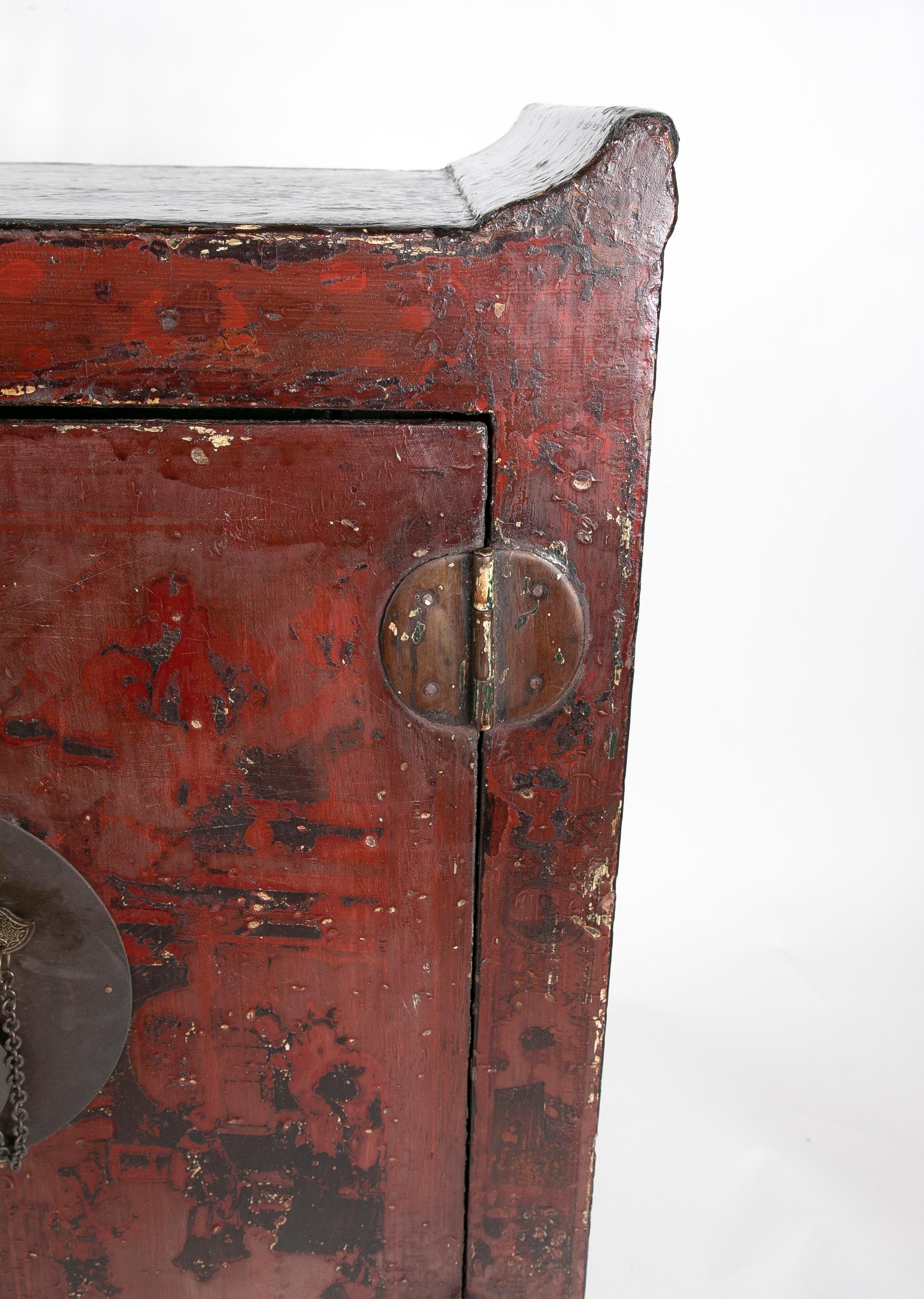 19th Century Chinese Cupboard Lacquered in Red with Two Doors For Sale 11