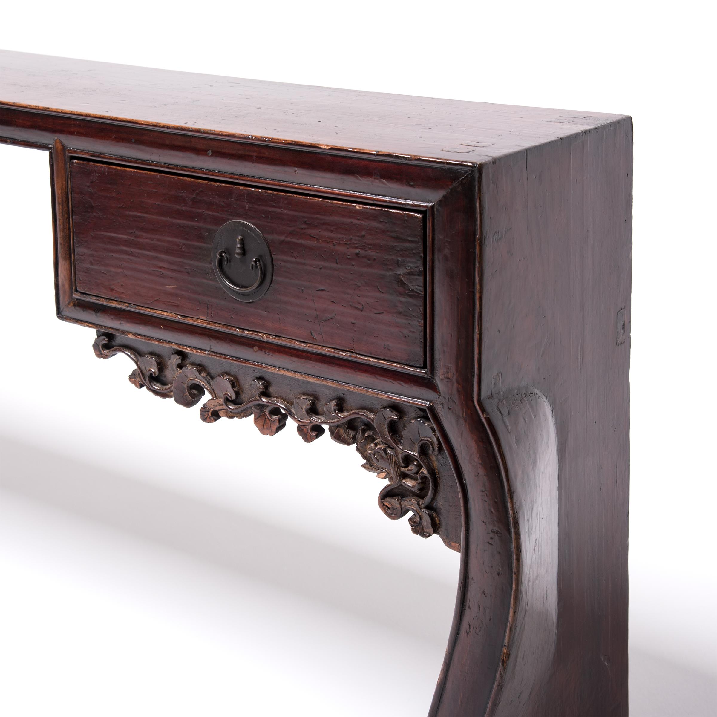 Qing Chinese Curved Leg Chrysanthemum Foot Console Table, c. 1850 For Sale