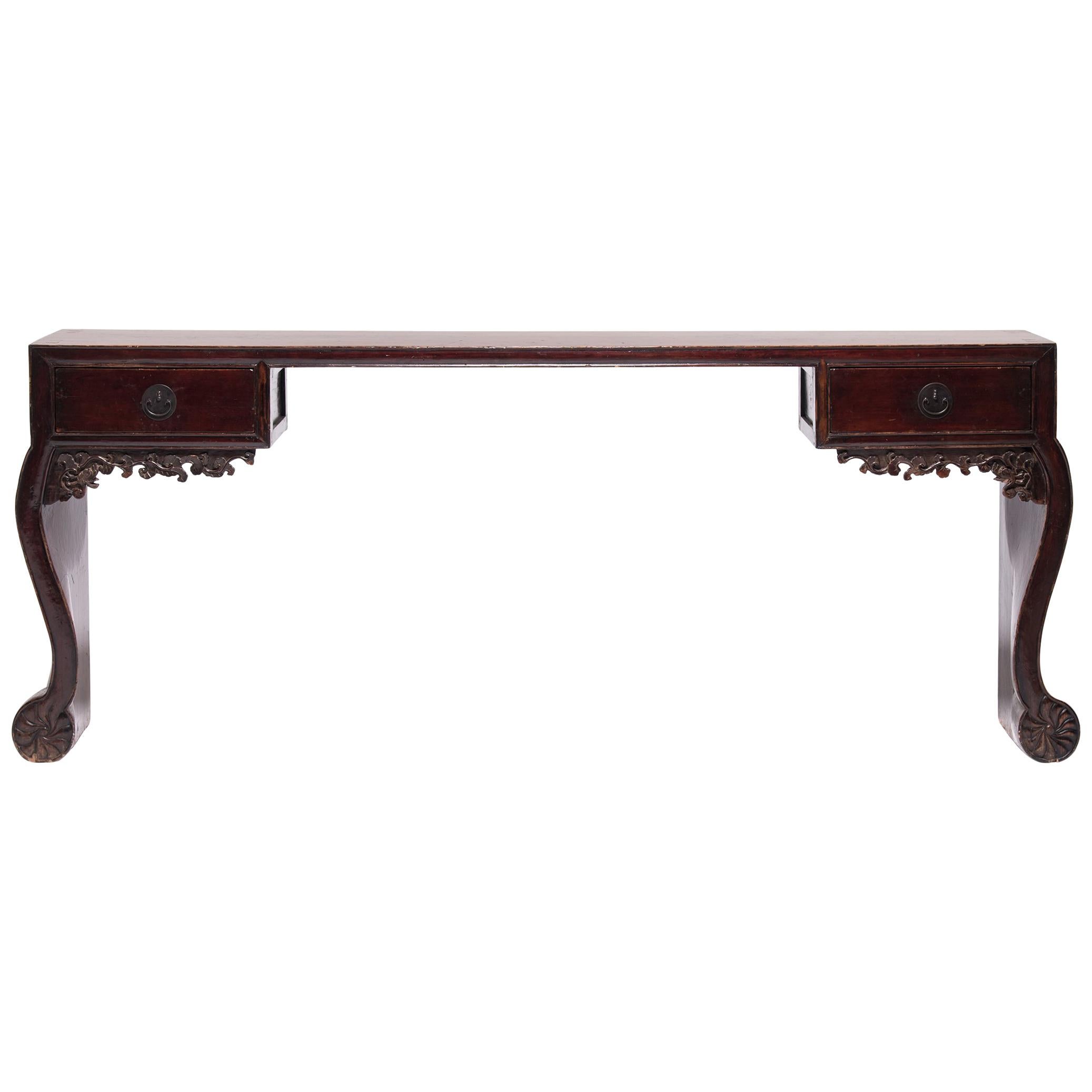 Chinese Curved Leg Chrysanthemum Foot Console Table, c. 1850 For Sale