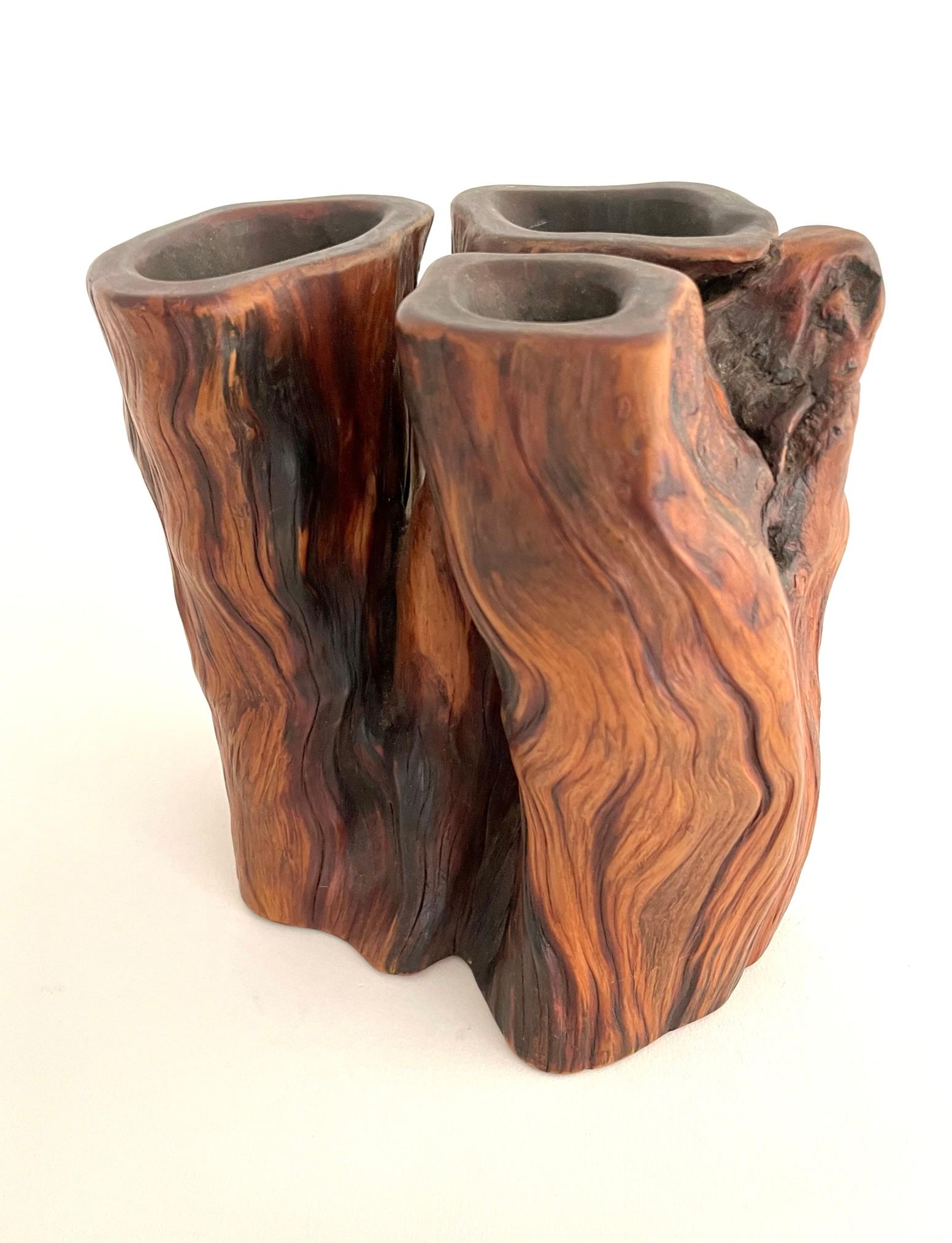 Beautiful organic shaped Cypress root brush pot. This cypress root was carved out to hold the scholar’s calligraphy brushes. The aged natural patina enhances the beautiful wood grain of the cypress root. Natural shaped objects are very desirable in