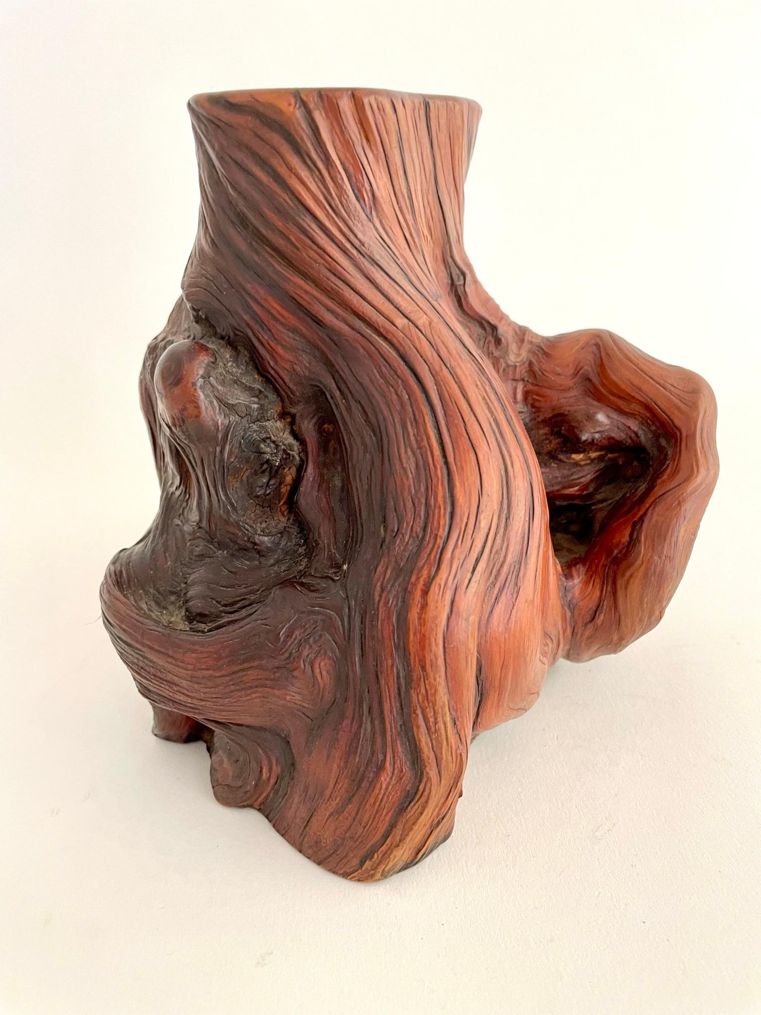 Magnifique pot de brosse à racines de cyprès de forme organique. Cette racine de cyprès a été taillée pour contenir les pinceaux de calligraphie de l'érudit. La patine naturelle vieillie met en valeur le magnifique grain du bois de la racine de