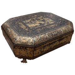 Antique 19th Century, Chinese Decorated Lacquered Box with Lid and Various Compartments