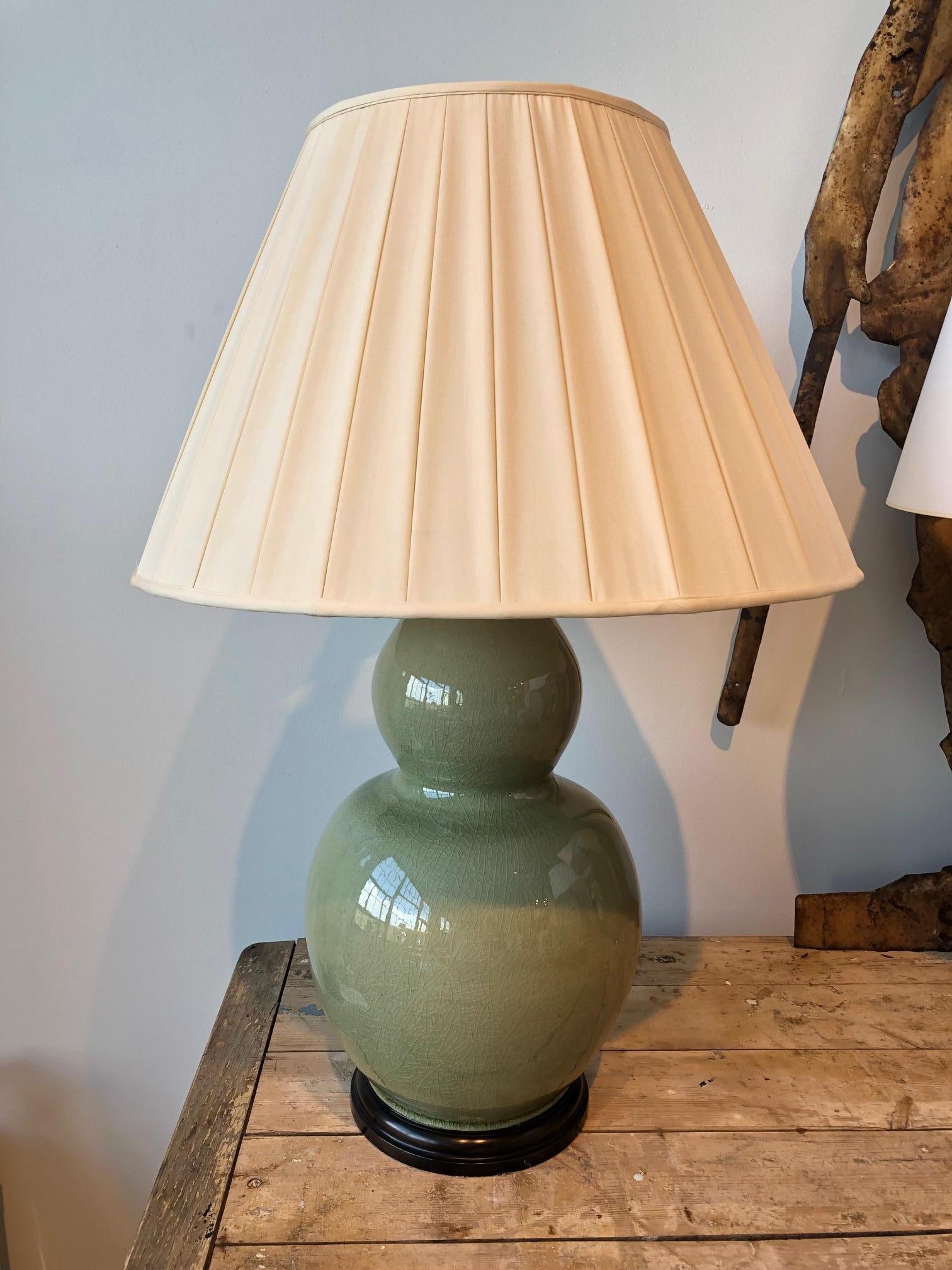 Chinese Celadon double gourd lamp, circa 1860. With silk pleated shade.