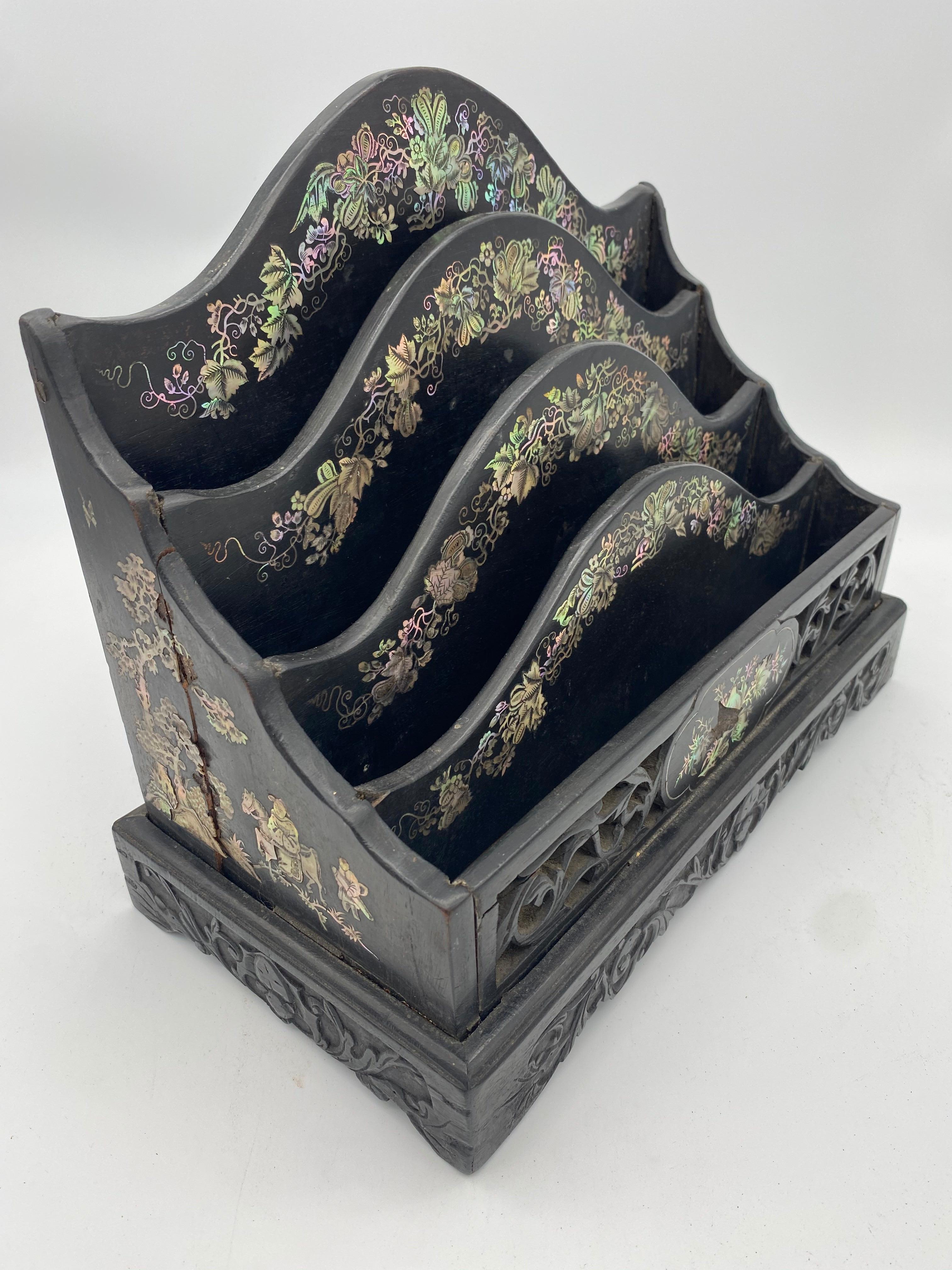 19th Century Chinese Ebonized Letter Rack with Mother of Pearl For Sale 3