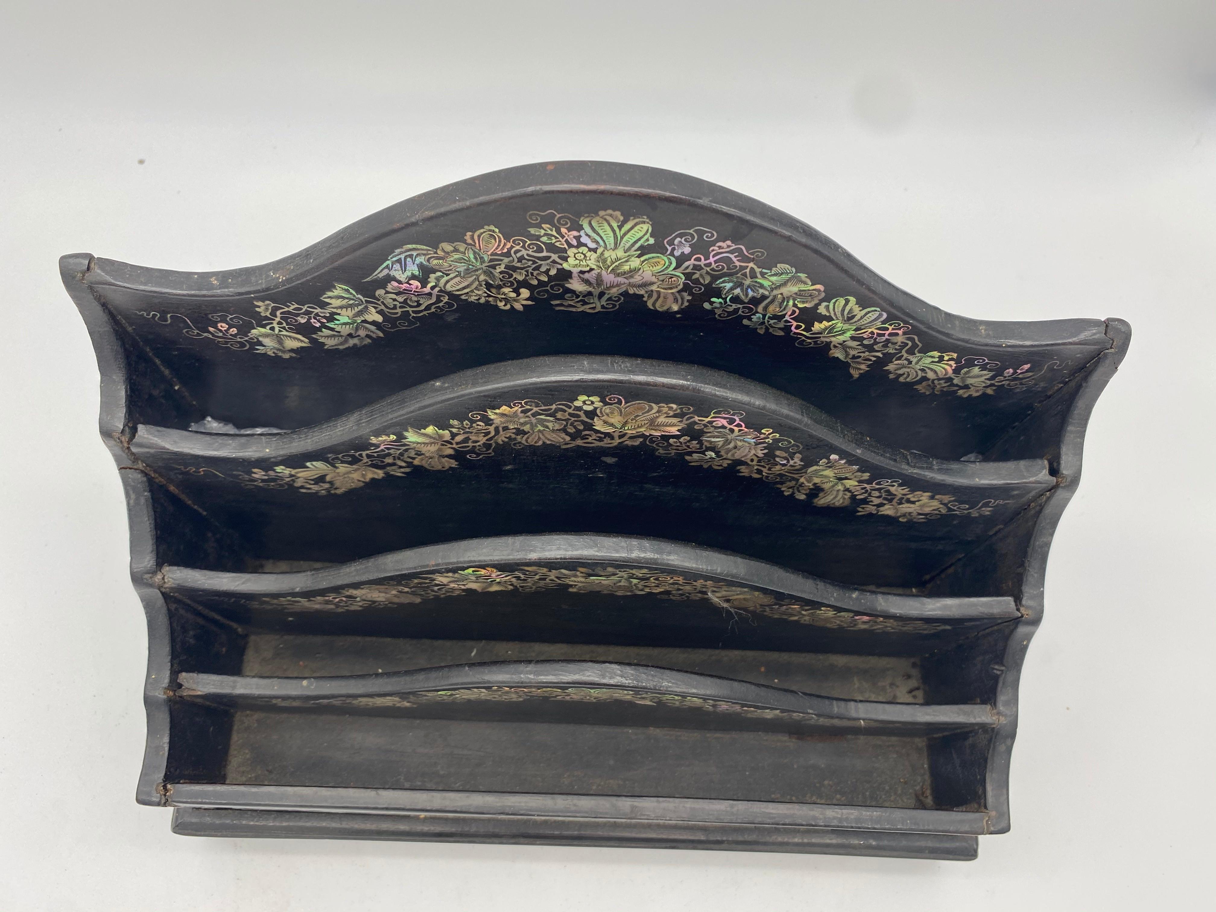 19th Century Chinese Ebonized Letter Rack with Mother of Pearl For Sale 4
