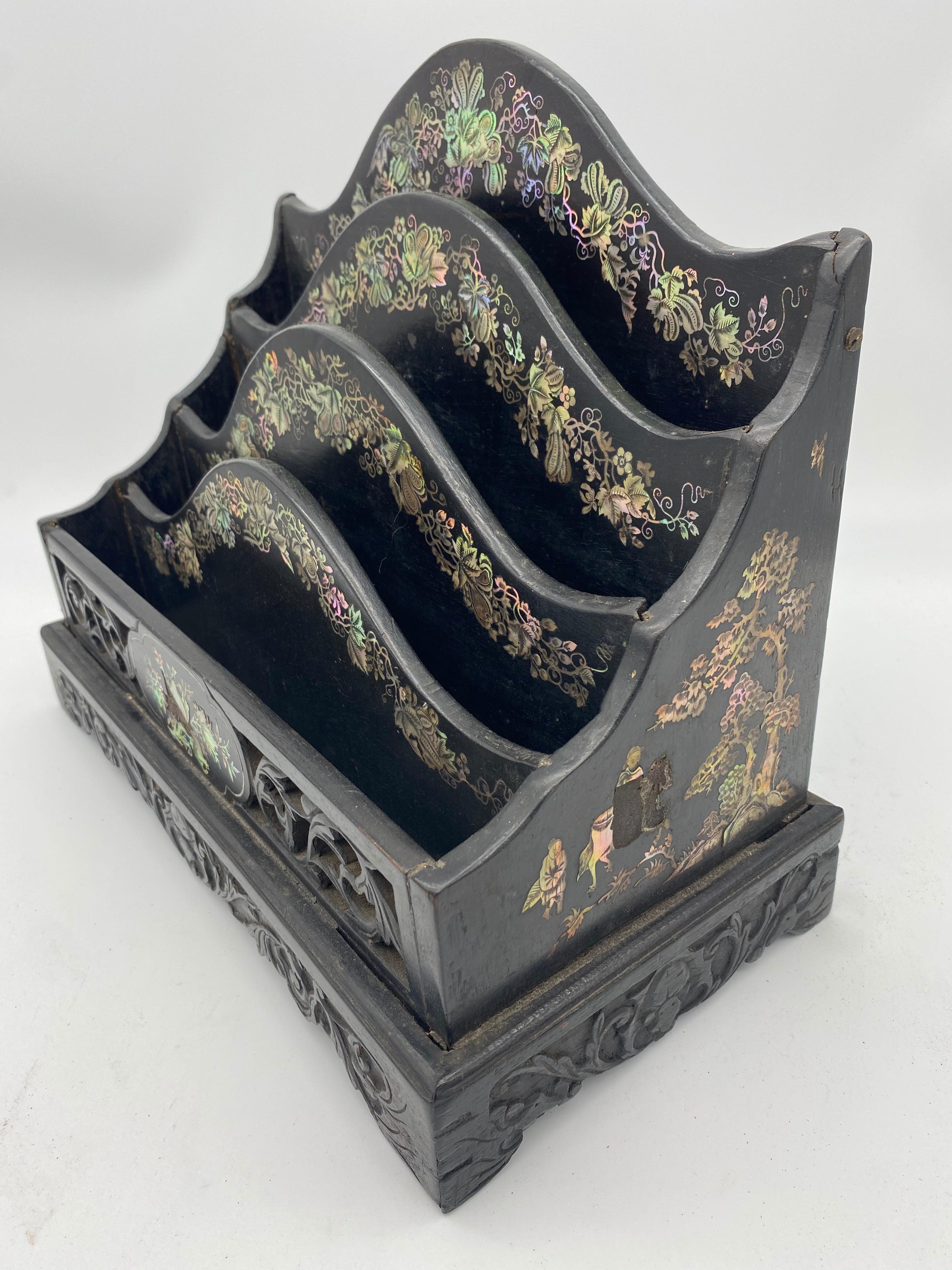 Carved 19th Century Chinese Ebonized Letter Rack with Mother of Pearl For Sale