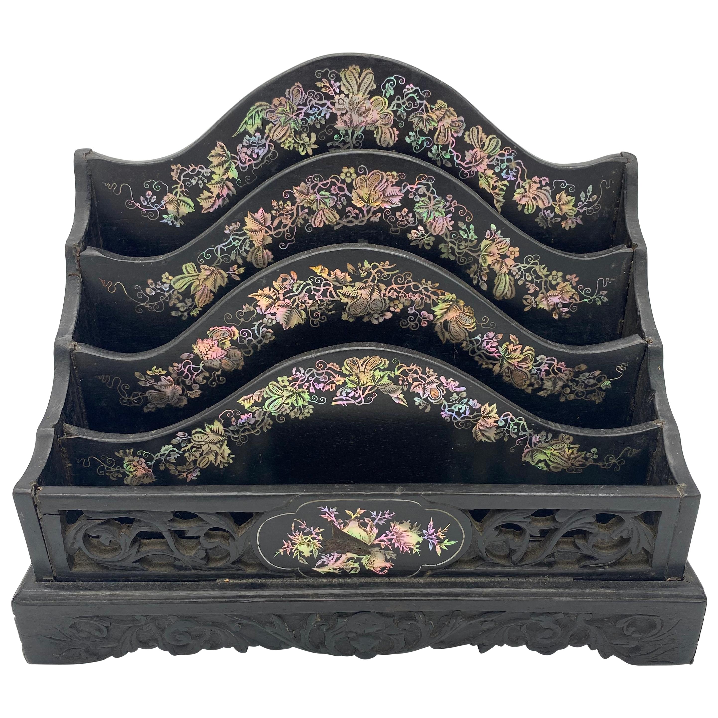 19th Century Chinese Ebonized Letter Rack with Mother of Pearl