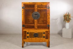 19th Century Chinese Elm and Burl Wood Cabinet with Patinated Brass Hardware