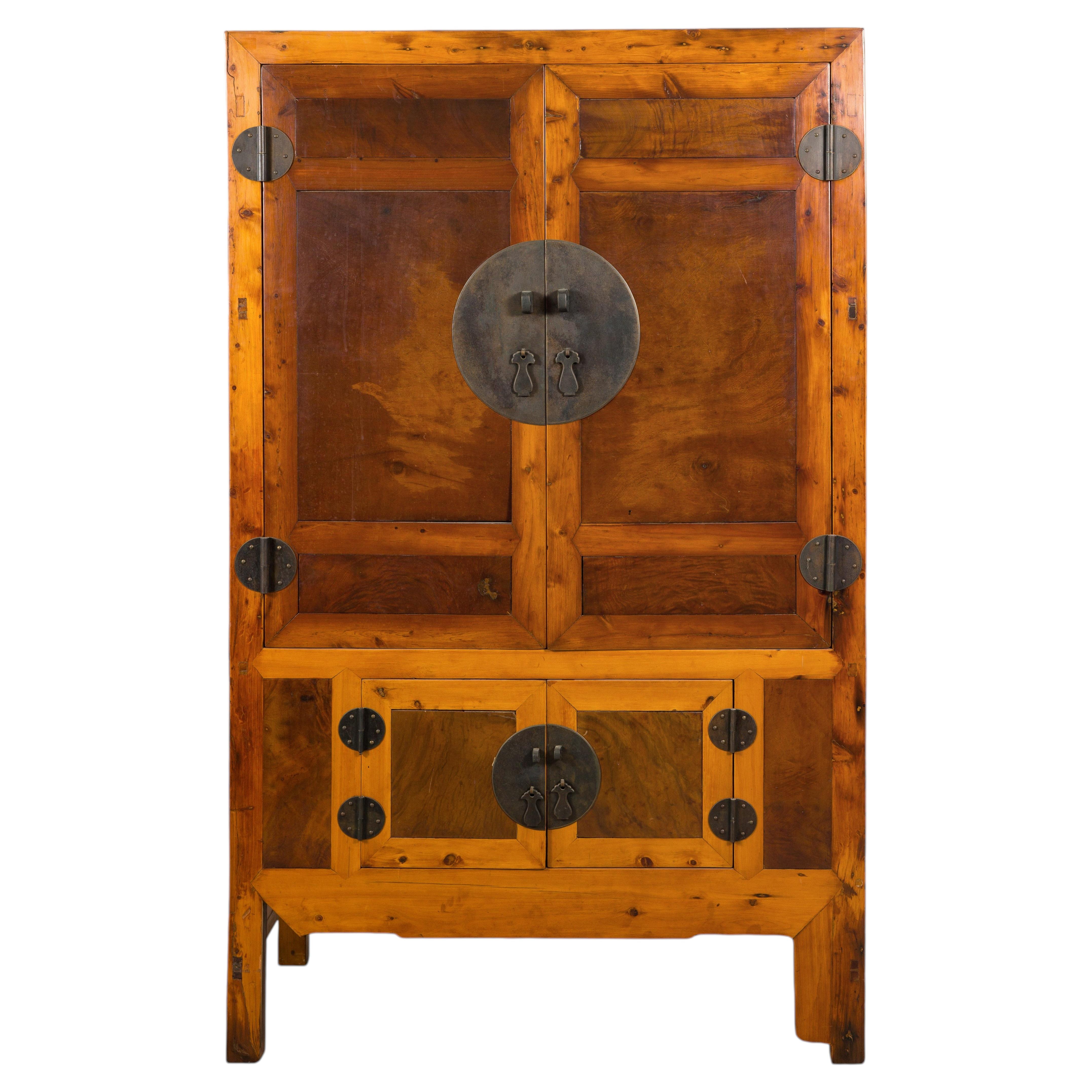 19th Century Chinese Elm and Burl Wood Cabinet with Patinated Brass Hardware For Sale