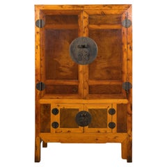 19th Century Chinese Elm and Burl Wood Cabinet with Patinated Brass Hardware