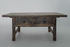 19th Century Chinese Elm Coffee Table with Two Drawers  Dark Patina Kang Table