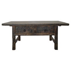 19th Century Chinese Elm Coffee Table with Two Drawers  Dark Patina Kang Table