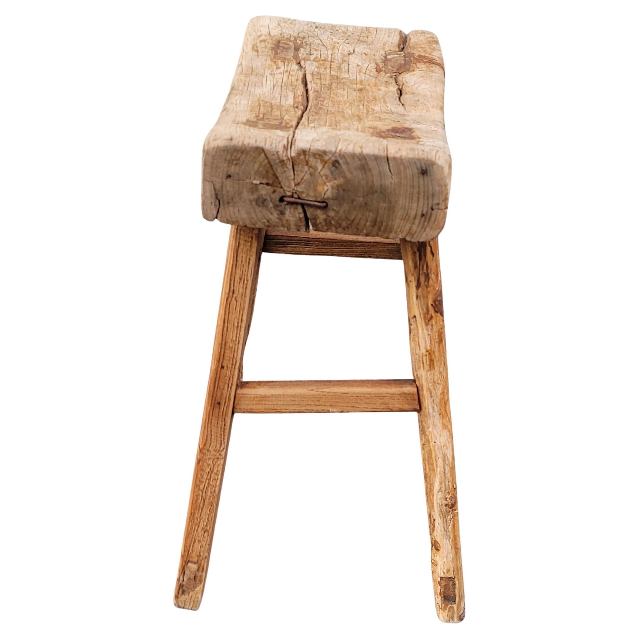 Chinese Export 19th Century Chinese Elm Rustic Farmhouse Primitive Brutalist Stool For Sale