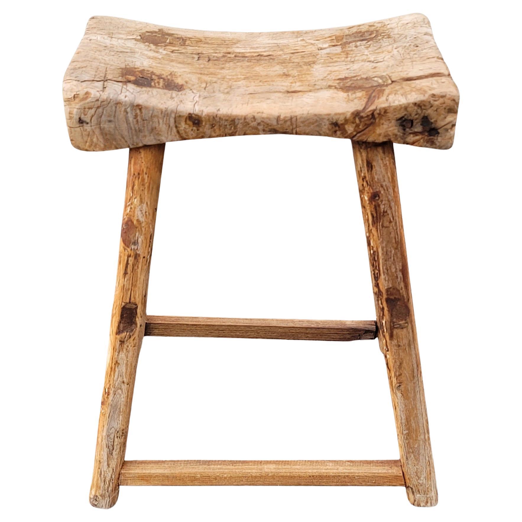 19th Century Chinese Elm Rustic Farmhouse Primitive Brutalist Stool For Sale 1