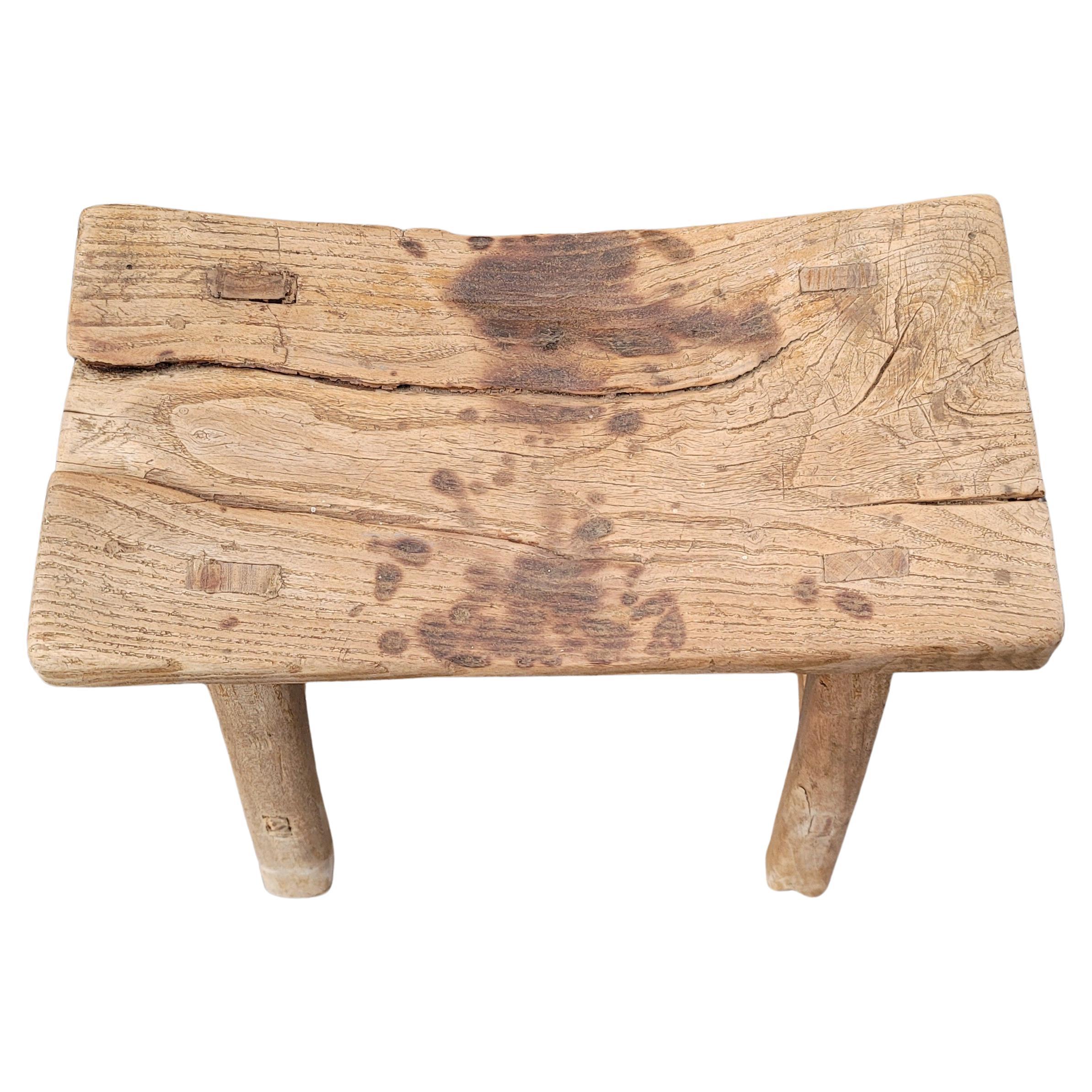 Hand-Crafted 19th Century Chinese Elm Rustic Primitive Brutalist Stool For Sale