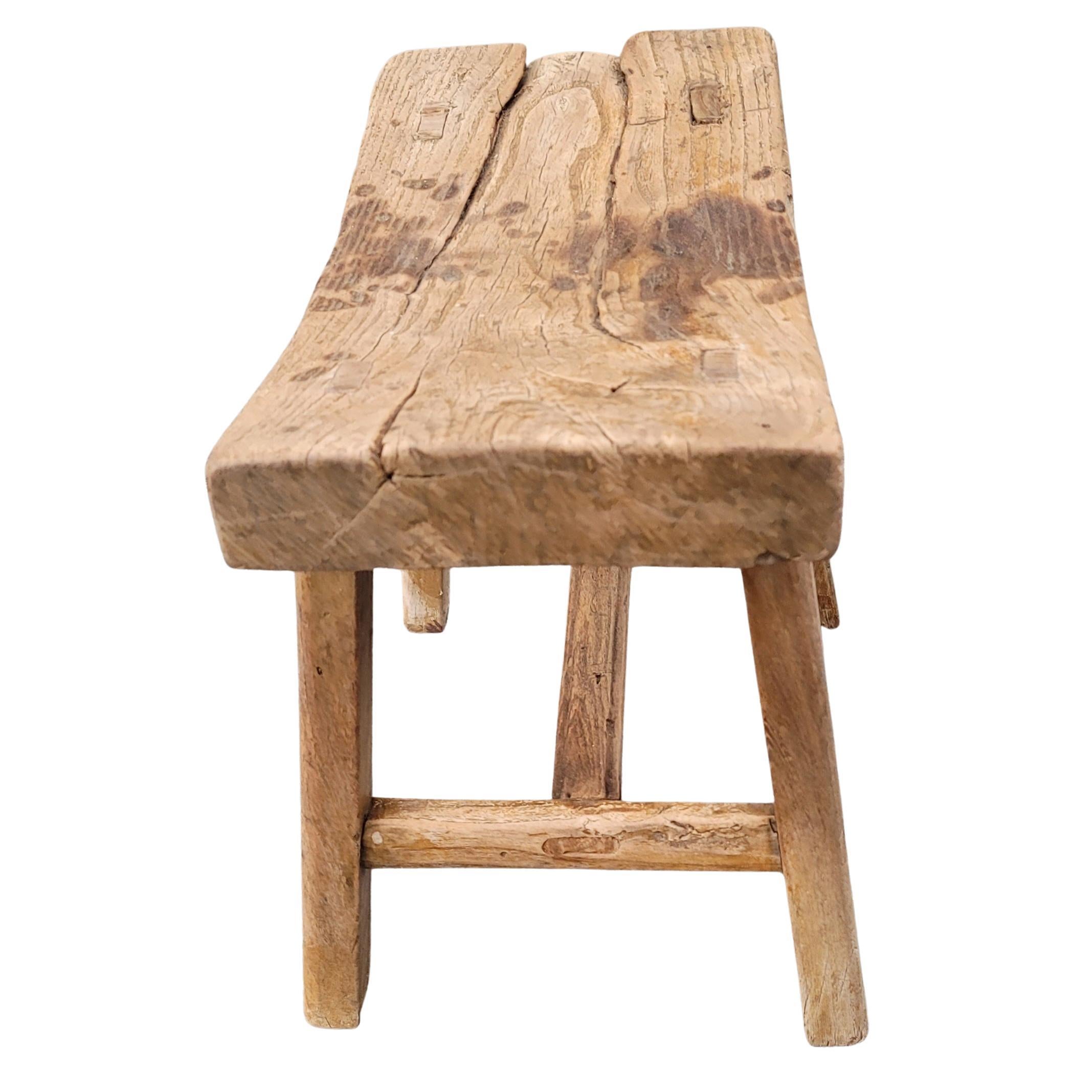 19th Century Chinese Elm Rustic Primitive Brutalist Stool For Sale 1
