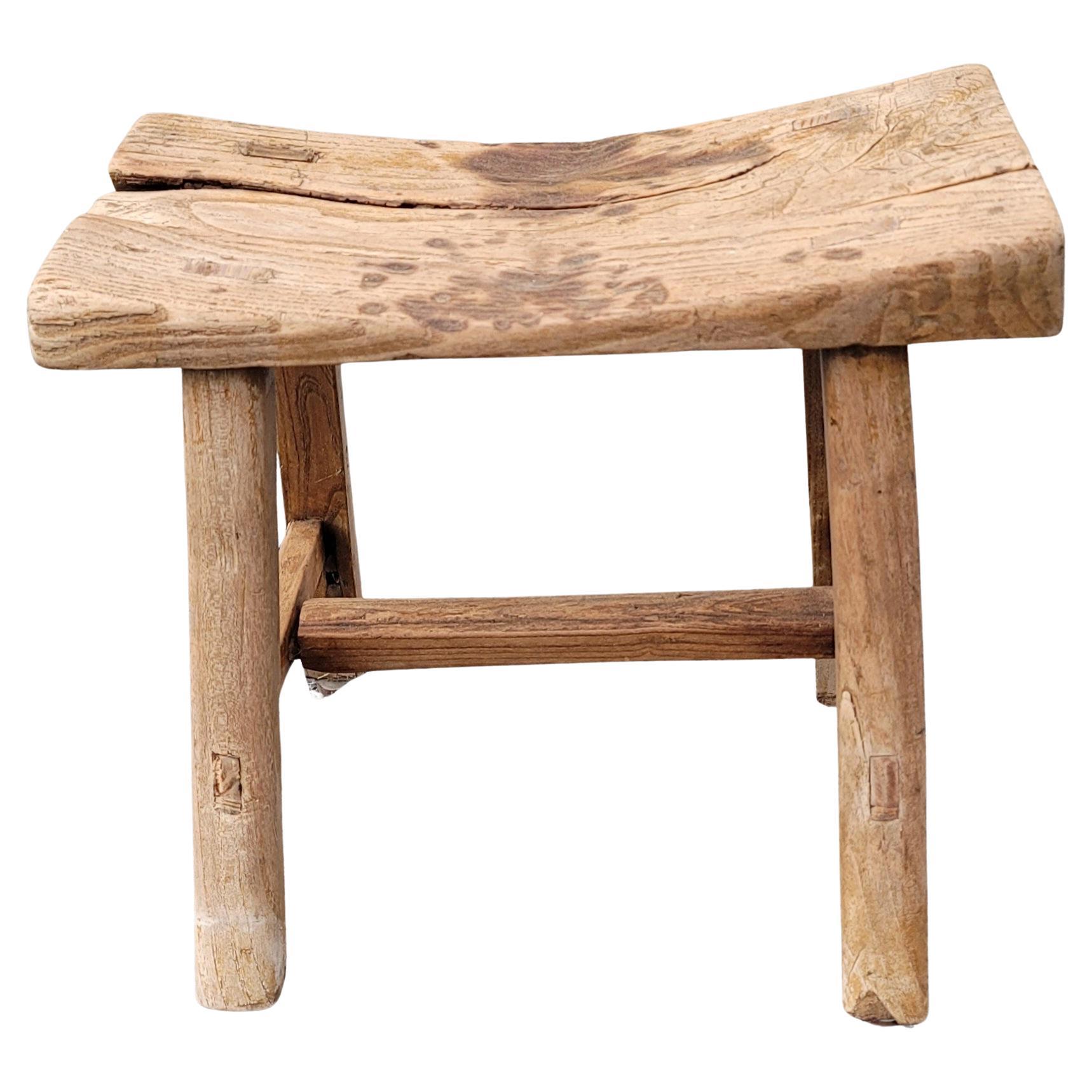 Chinese Export 19th Century Chinese Elm Rustic Primitive Brutalist Stool For Sale