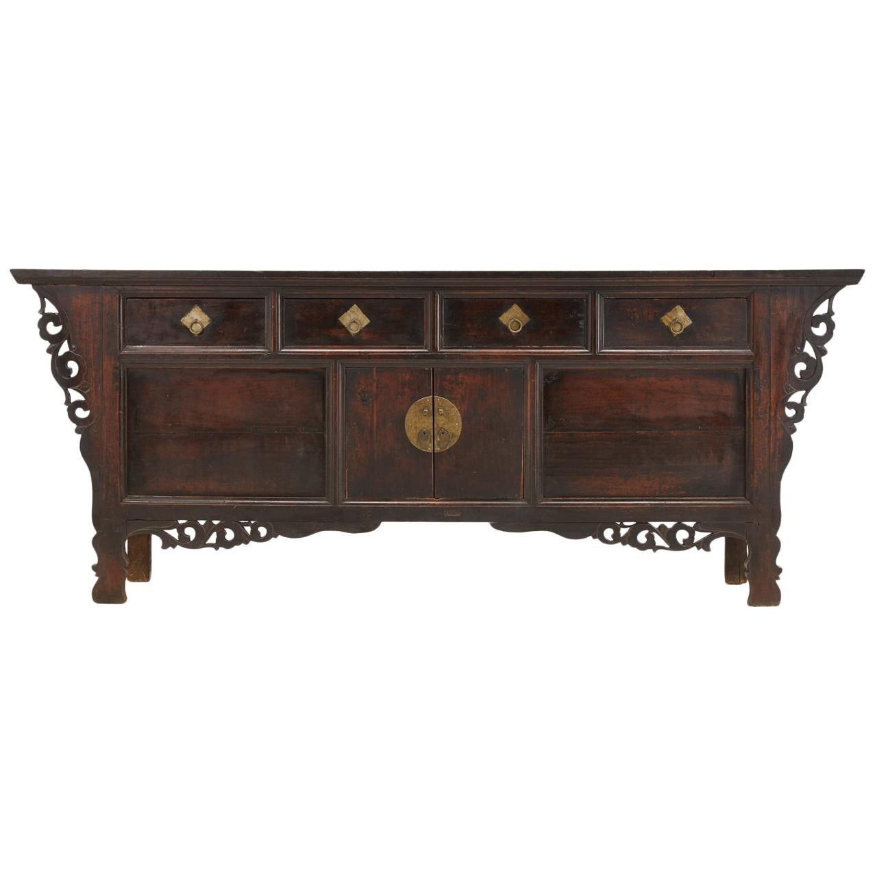 19th Century Chinese Elm Sideboard with Carved Decoration For Sale